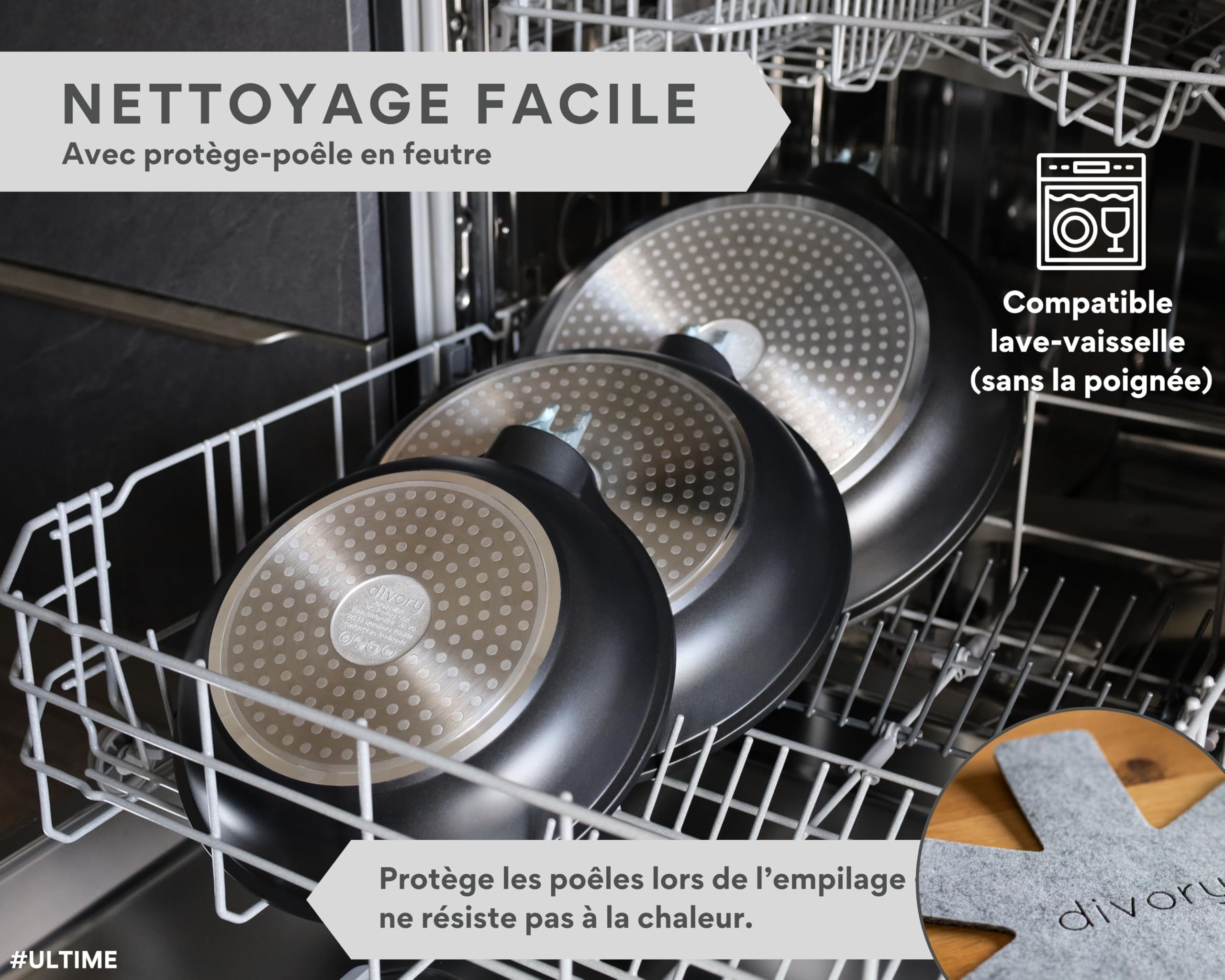 DIVORY Set de 3 poêles Poêle 20cm, 24cm, 28cm avec poignée amovible, induction, revêtement anti-adhésif poêle à frire haute + protège-poêle - Poêle à induction