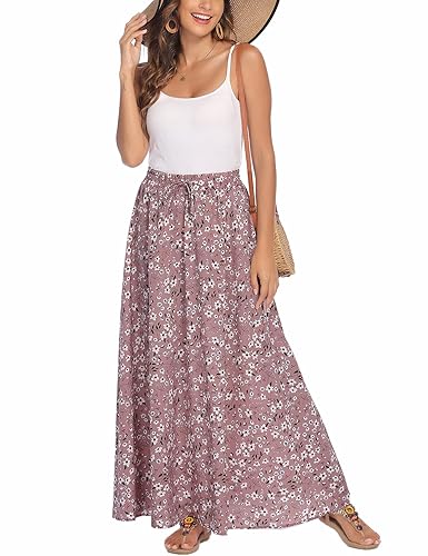 Bluetime Women Flowy Long Skirts Summer Beach Pleated Elastic High