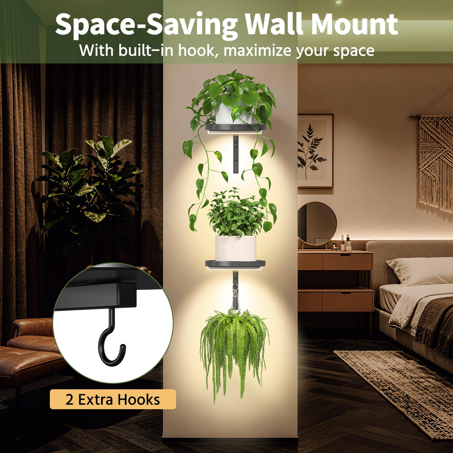 LASZOLA Lot de 2 supports muraux pour plantes d'intérieur avec lampes de croissance, supports de fenêtre en métal, présentoir à fleurs flottant moderne avec 2 crochets pour décoration extérieure