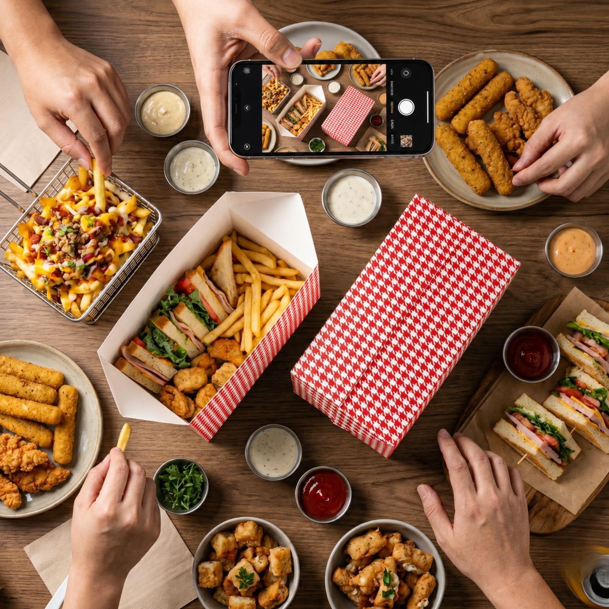 Bio Tek - Cajas para llevar de 80 onzas, 100 recipientes rectangulares para alimentos, cierre superior rápido, desechables, contenedores de papel de pata de gallo rojo, para hamburguesas o pollos