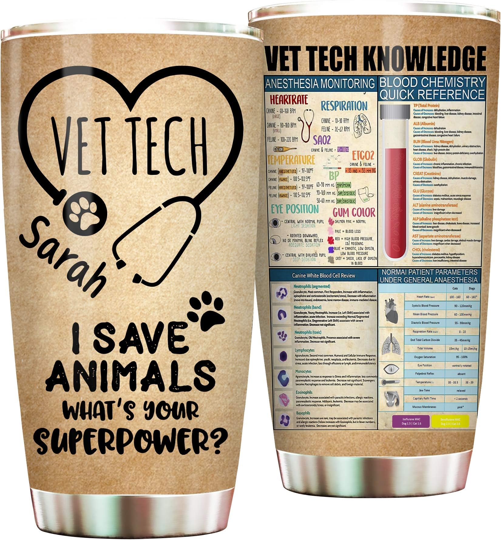 Veterinarian I Save Animals What's Your Superpower Vet Tech Knowledge Personalized Tumbler Cup, Gift For Veterinarian, Veterinary Technician 20oz Insulated Coffee/Tea Tumbler with Lid