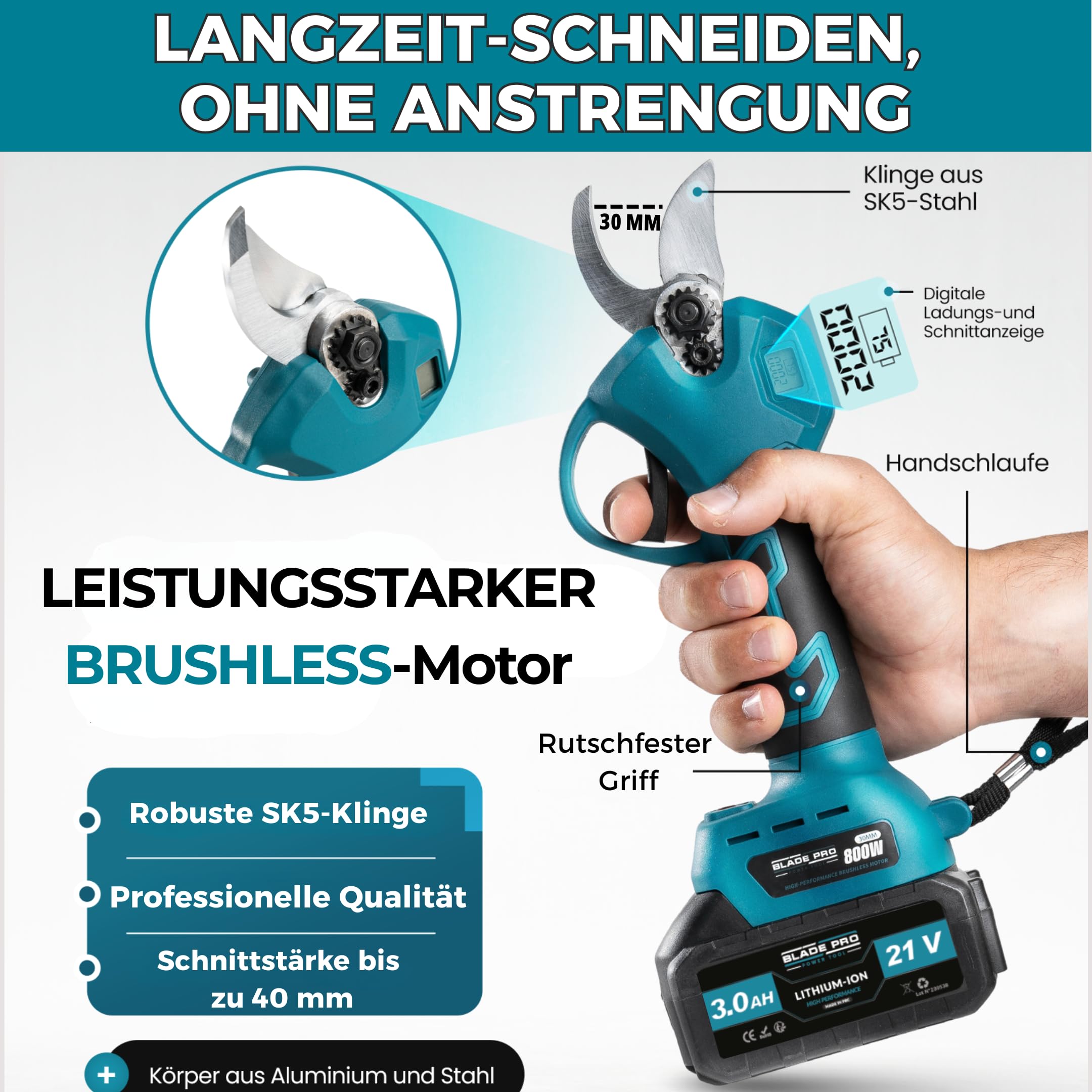 Bladepro Akku-Astschere 40 mm, elektrische Gartenschere kabellos – 800 W bürstenloser Motor, SK5-Stahlklinge – 2x 2,0 Ah Akkus, LED-Display, inkl. Koffer