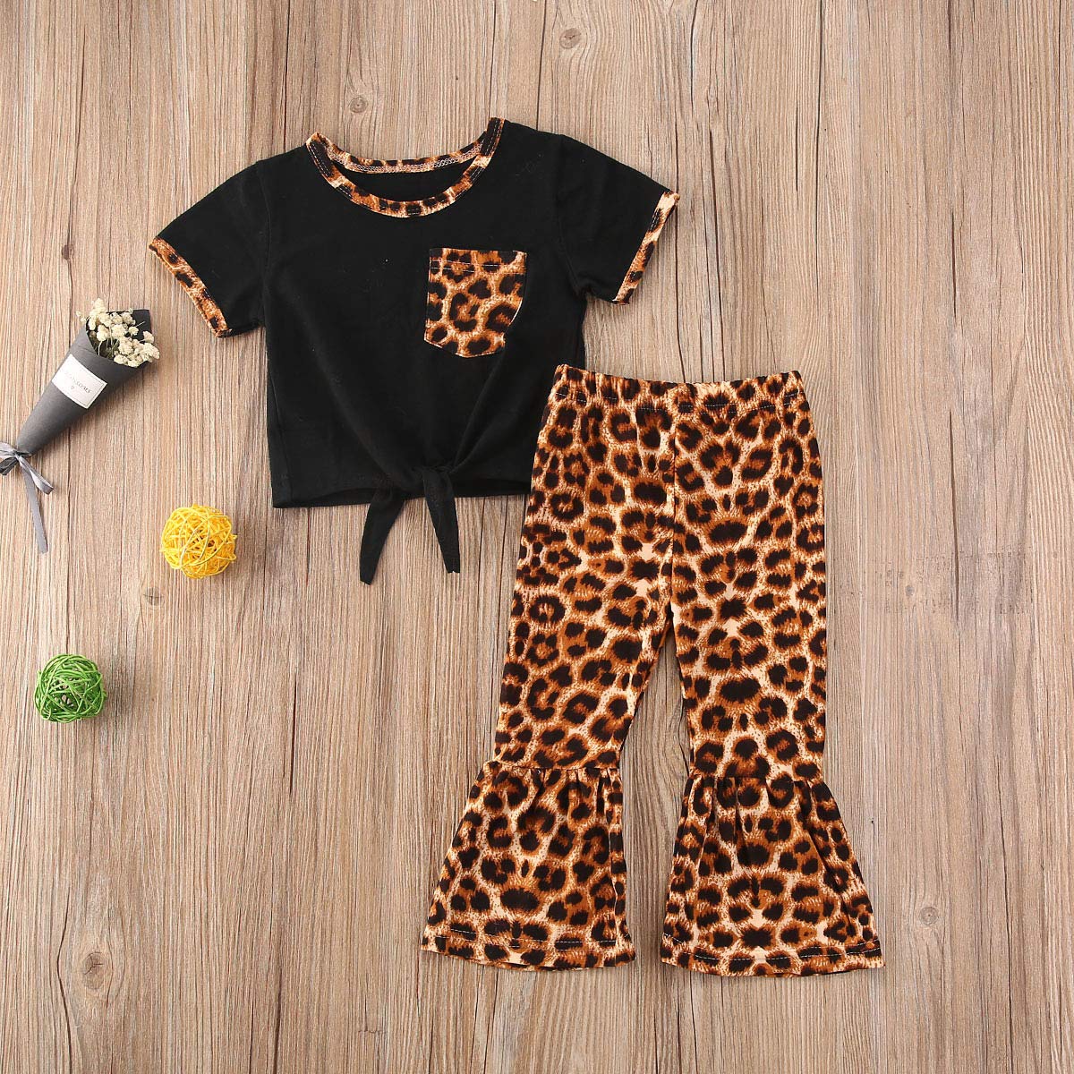 Toddler Baby Girl Summer Clothes Set Short Sleeve Top T-Shirt+Bell Bottoms Flare Pants Set (Leopard-Black, 3T / 4T)