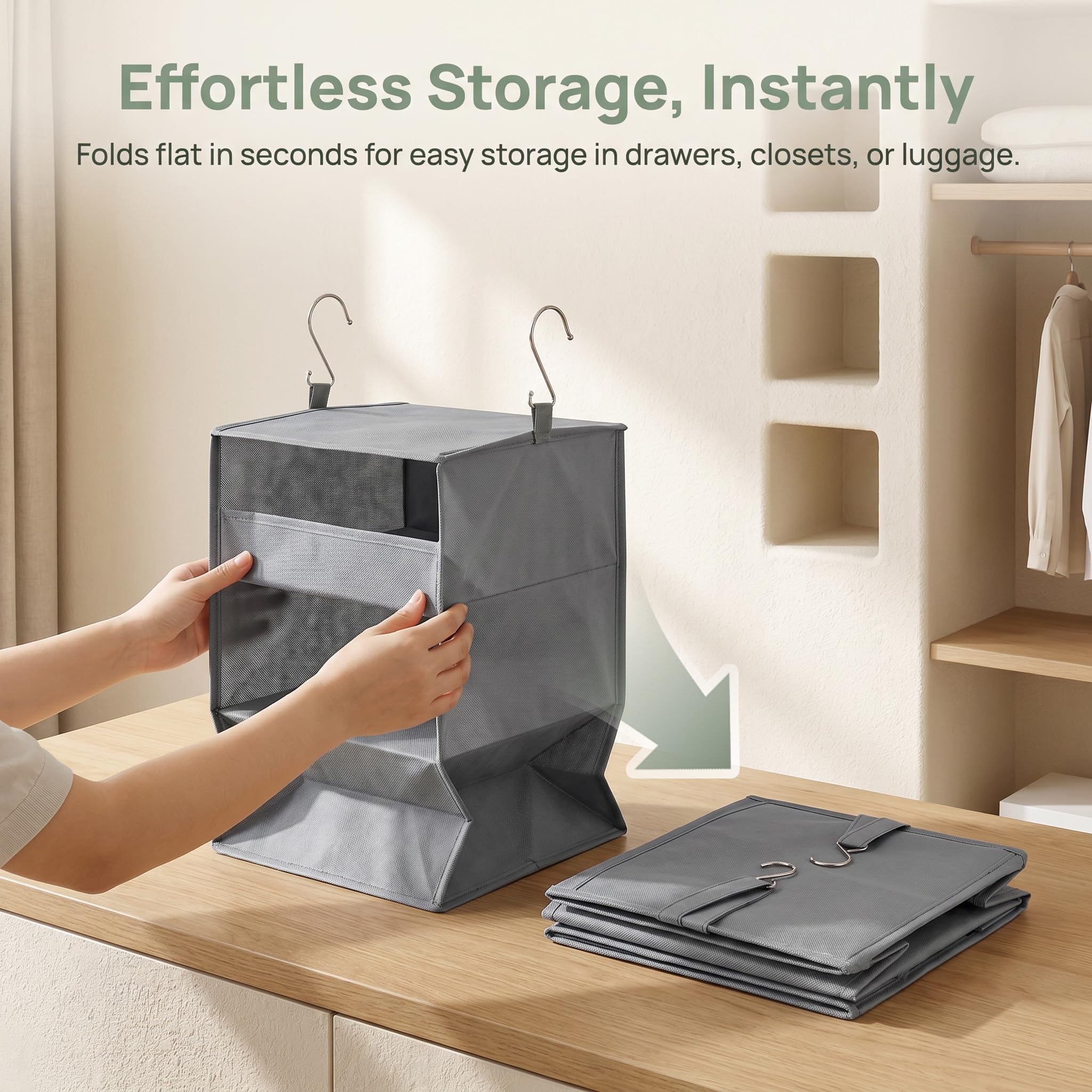 1 organizer da appendere con 3 scomparti, organizer da appendere, organizer per guardaroba, scaffale sospeso, pieghevole, in tessuto per armadi, campeggio, 30 x 30 x 60 cm, grigio