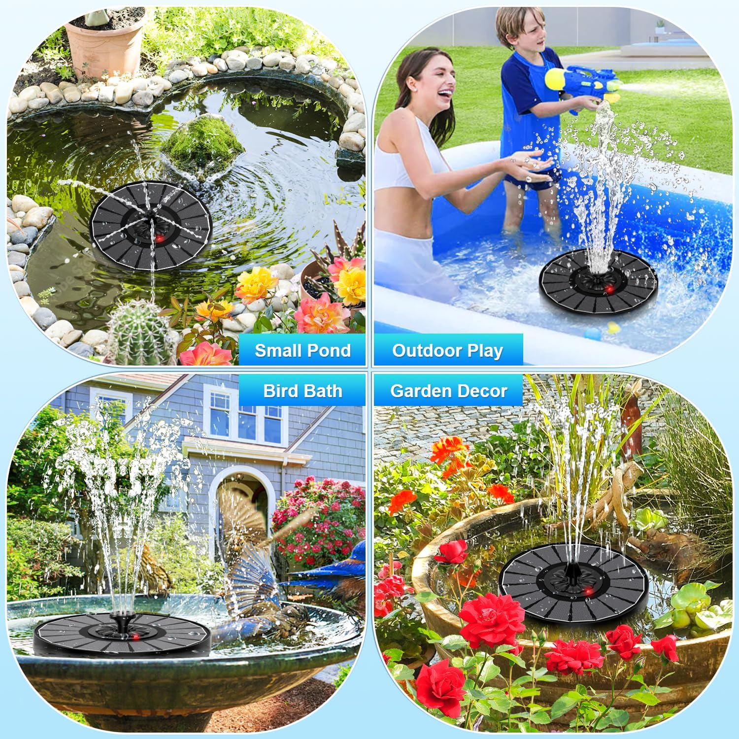SZMP Solar Fountain Work On Cloudy Day,Solar Water Bird Bath Fountain with Faster Conversion Glass Solar Panel and Power Indicator,Built-in 2000mAh Battery,Outdoor Garden Decor(Black Panel) - Image 8