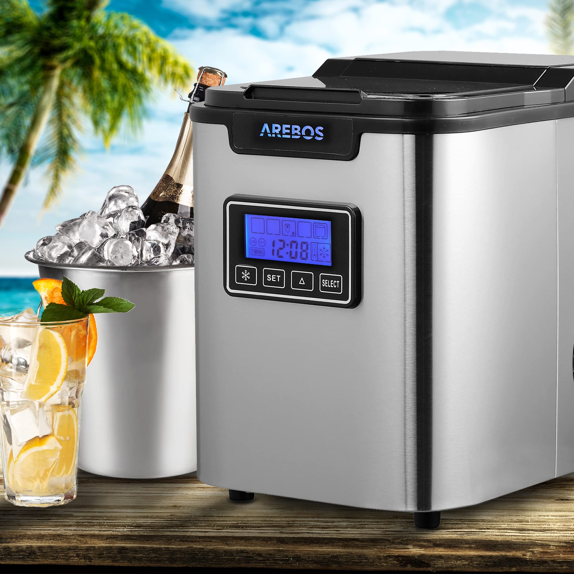 Arebos Macchina per cubetti di ghiaccio Acciaio inossidabile 2,2L | LCD | Macchina di ghiaccio | 12kg di cubetti di ghiaccio in 24 ore