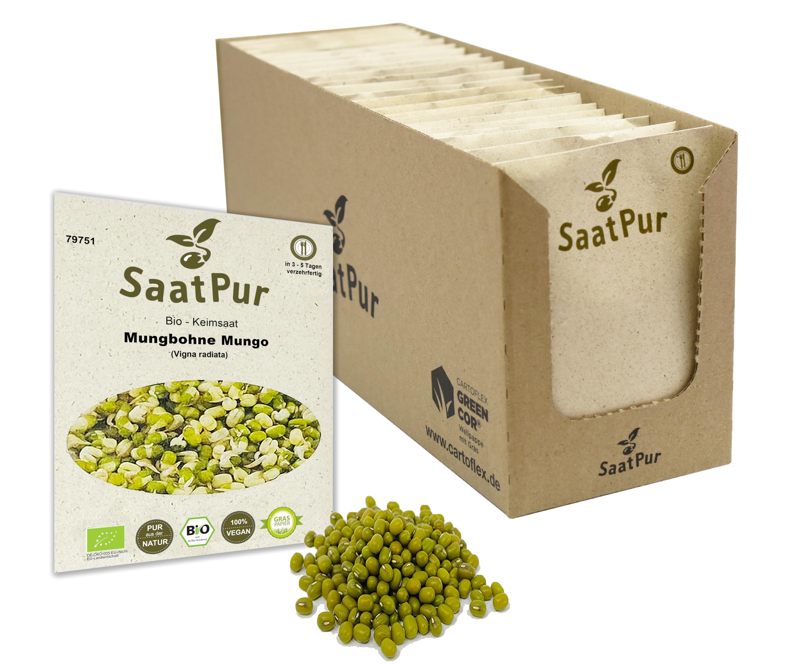 Mungbohnen BIO Keimsprossen SaatPur - Mungo Sprossen Keimsaat, Microgreen - Großes Tray mit 40 Portionstüten je 75g