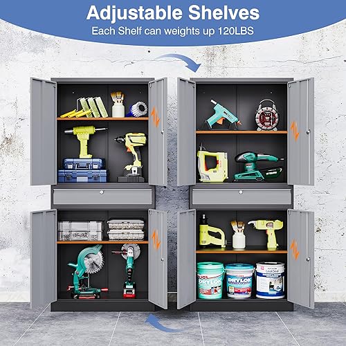 Miniatura 4 de LISSIMO Armario de almacenamiento de metal para garaje con cajón, gabinete de almacenamiento de garaje de 71 pulgadas con estantes ajustables y 4