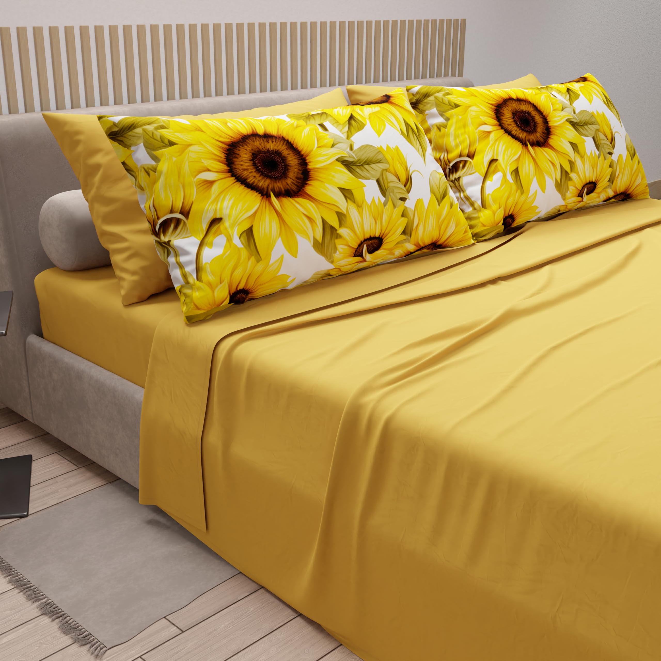 PETTI Artigiani Italiani, Cotton Sheets with Pillowcases in Digital Print, Single Bed Sheet, Single Bed Set, Sunflower - Image 2