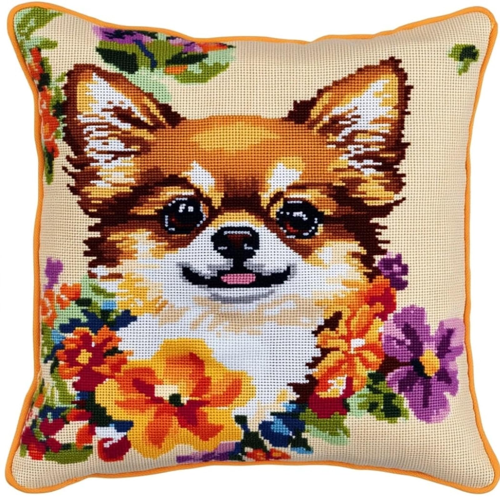 WallustrioaW DIY Embroidery Cross Stitch Cushion Kit,Chihuahua in the Flower Bushes,Tapestry Pillow kit 45x45cm Stitch Set for Living Room Sewing Supplies Adults Beginners Gift