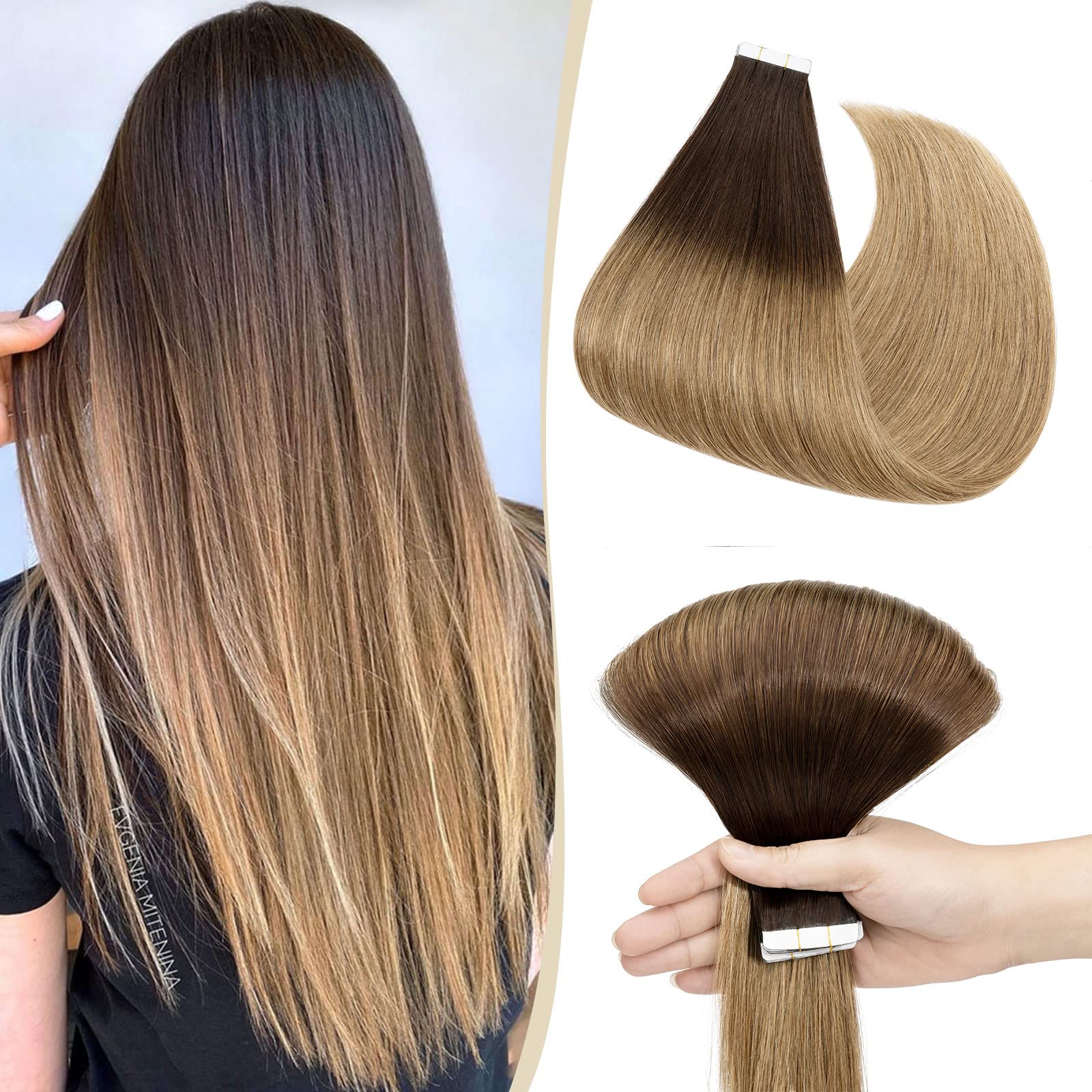 12"(30cm) SEGO 10PCS Extensiones Adhesivas Naturales Pelo Humano sin Clip [#4/27 Castaño Chocolate/Rubio Oscuro] Cabello 100% Remy Liso Balayage Tape in Human Hair (20g) — view 29