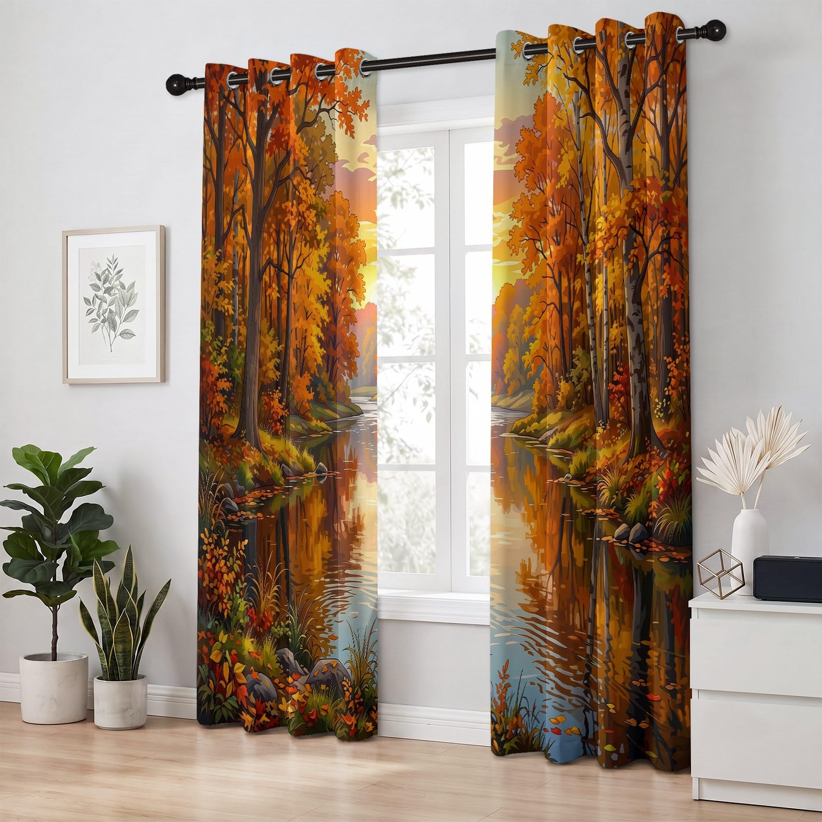 Blickdichte Vorhänge Set Natur Ländlich Landschaft mit Ösen, Herbst Wald Fluss Verdunklungsvorhänge Thermo Isoliert 2 Stück - Bedruckte Gardinen Deko für Wohnzimmer Schlafzimmer 229 x 117 cm (H x B)
