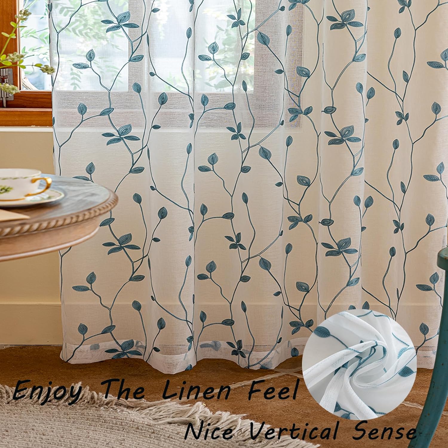 AmHoo 2 Panels Embroidered Leaf Pattern Semi Sheer Curtains Foliage Floral Voile Window Draperies Treatment for Bedroom Living Room Rod Pocket White Teal 53 x 84 Inch