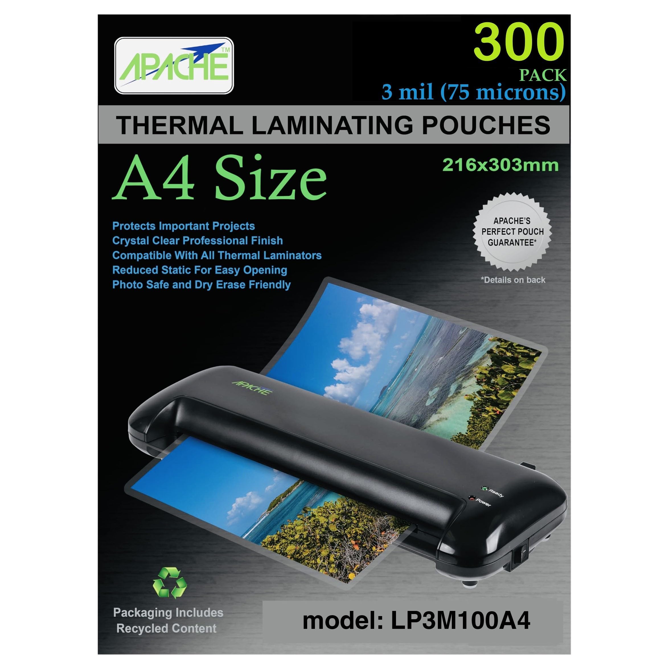 Apache A4 Size Laminating Pouches, 3 Mil, 300 Pack, Holds 210 x 297 mm Projects (216 x 303 mm Pouch Size), Thermal Laminator Compatible Laminating Sheets, Super Clear, Round Corners