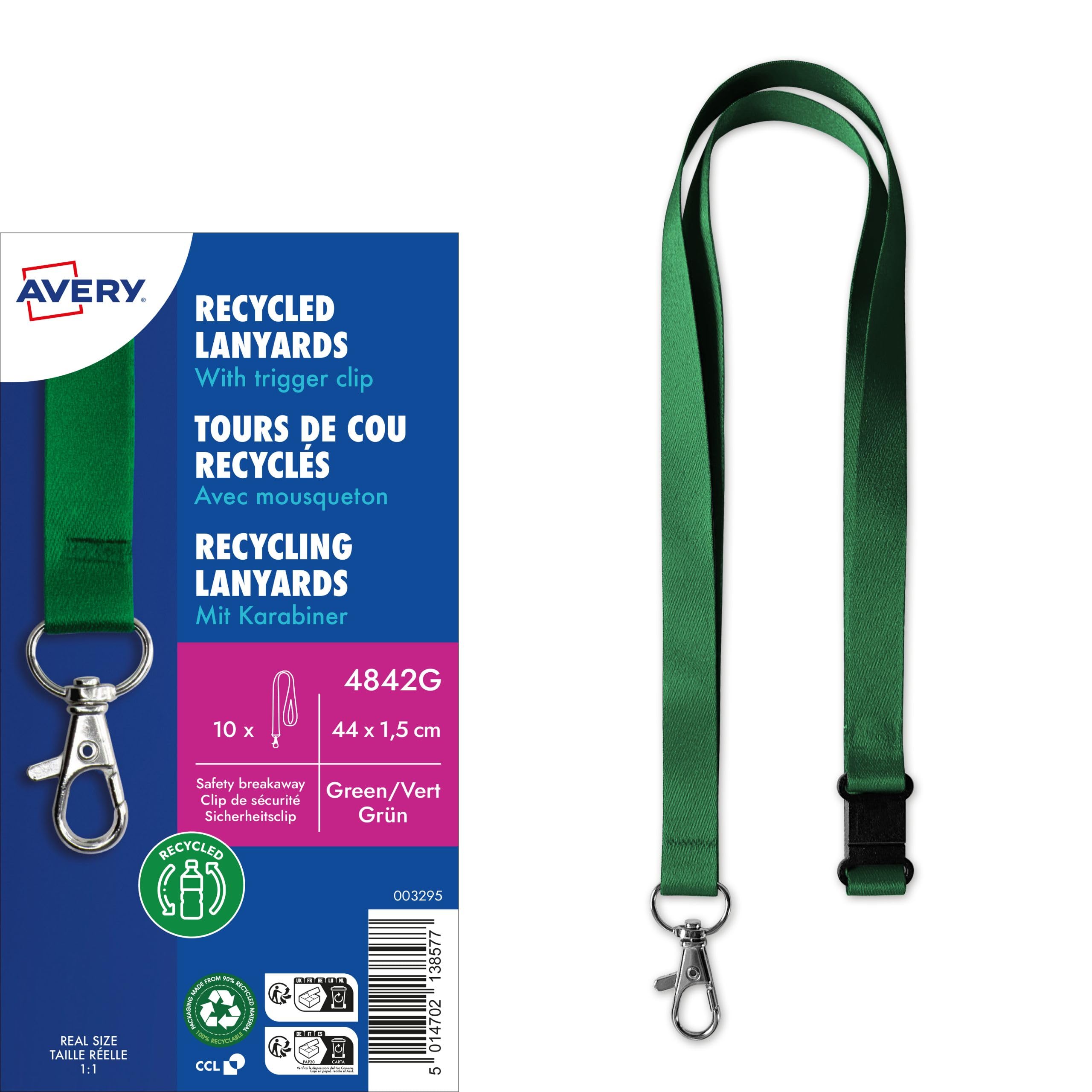 Avery – Lot de 10 tours de cou vert fabriqué à partir de plastique reconditionnés avec mousqueton en métal 44 x 1,5 cm – tours de cou en polyester satiné fabriqué à partir de plastique reconditionné