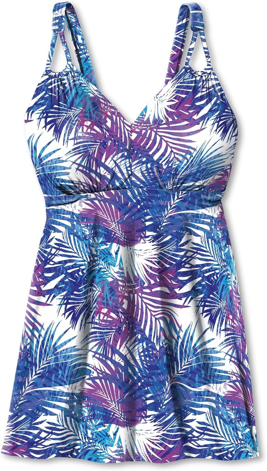 Swimsuits For All Swim 365 Women's Plus Size Loop-Strap V-Neck Tummy Control Two-Piece Swim Dress