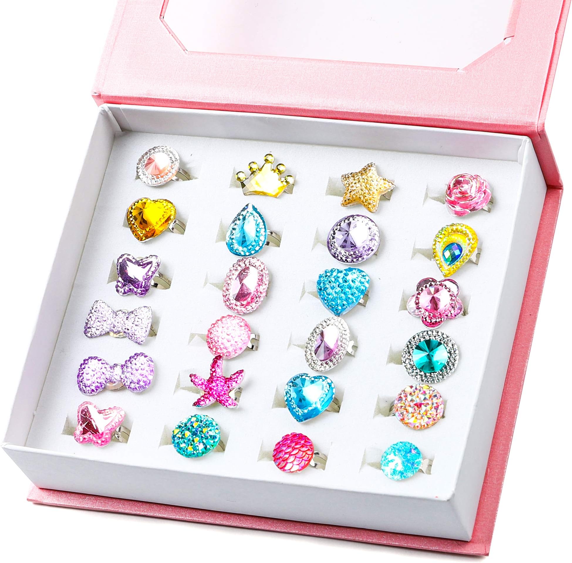 WATINC 24Pcs Adjustable Princess Pretend Jewelry Rings, Girlโs Jewelry Dress Up Play Toys, Rhinestone Gift Set in Box for Little Girls, No Duplication Diamond Ring for Children, Party Favors for Kids