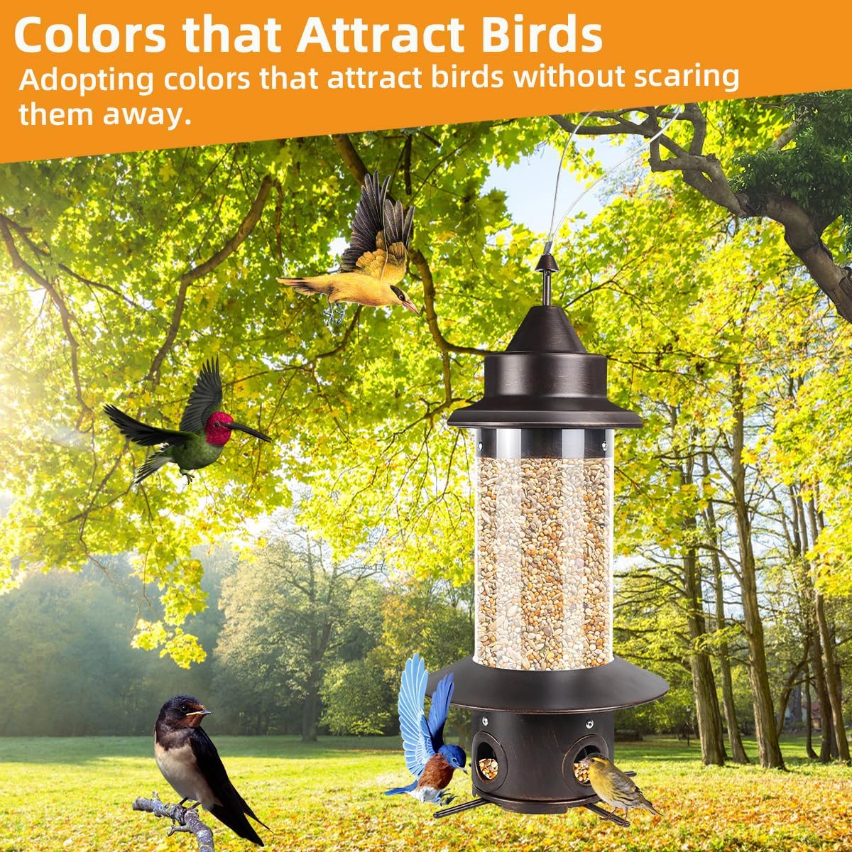 Squirrel Proof Bird Feeders - Gravity Protection Anti Squirrel Wild Metal Bird Feeders for Outdoors Hanging,Premium Hard Plastic Tube Bird Seed Feeder with 4 Feeding Ports for Blue Jay,Sparrow(Bronze)