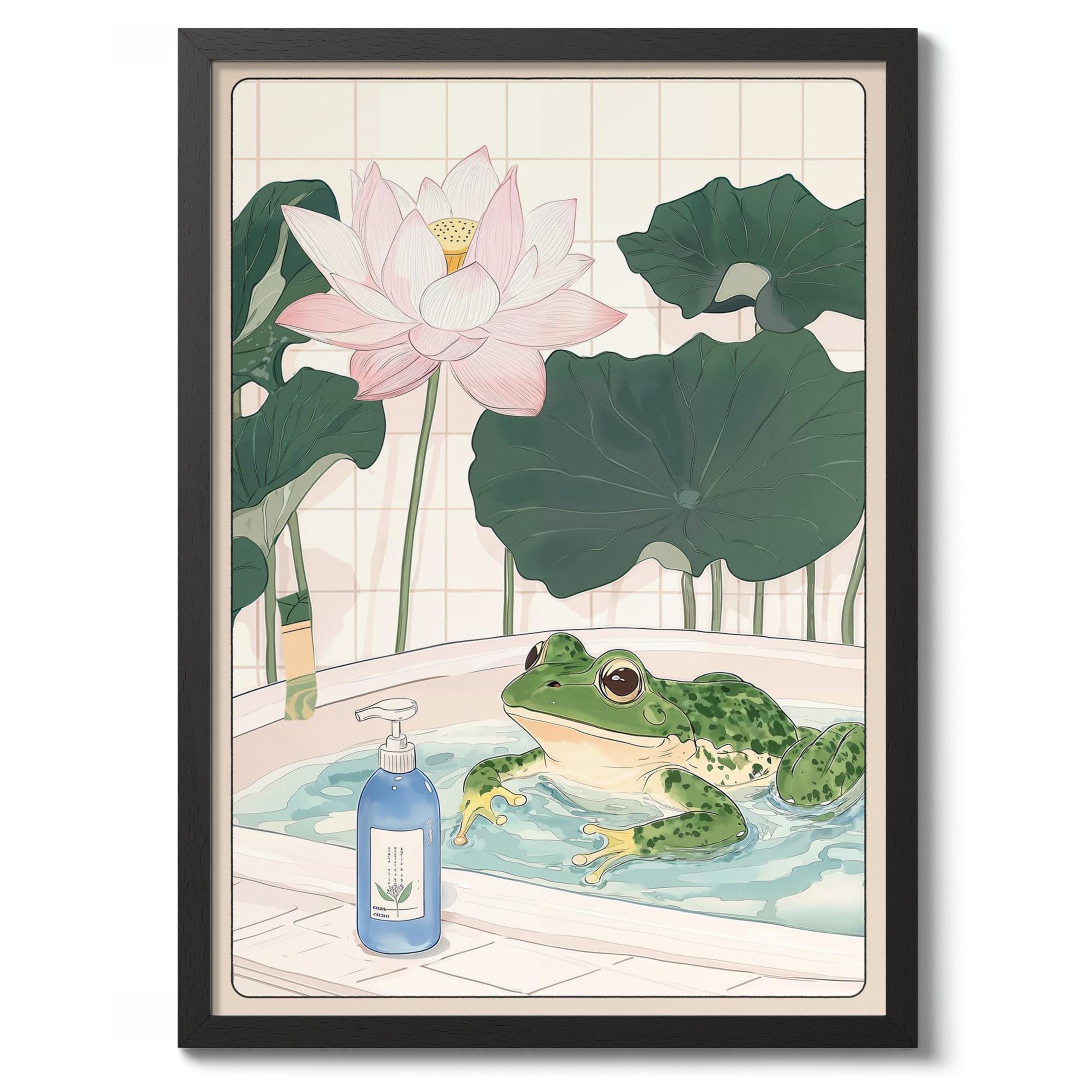 Frog Bathtime Anime Animal Poster, Funny Bathroom Wall Art Print, Manga, Bathroom Wall Art, Toilet Decor, A2 (Black Frame) - 62.5x45.1cm
