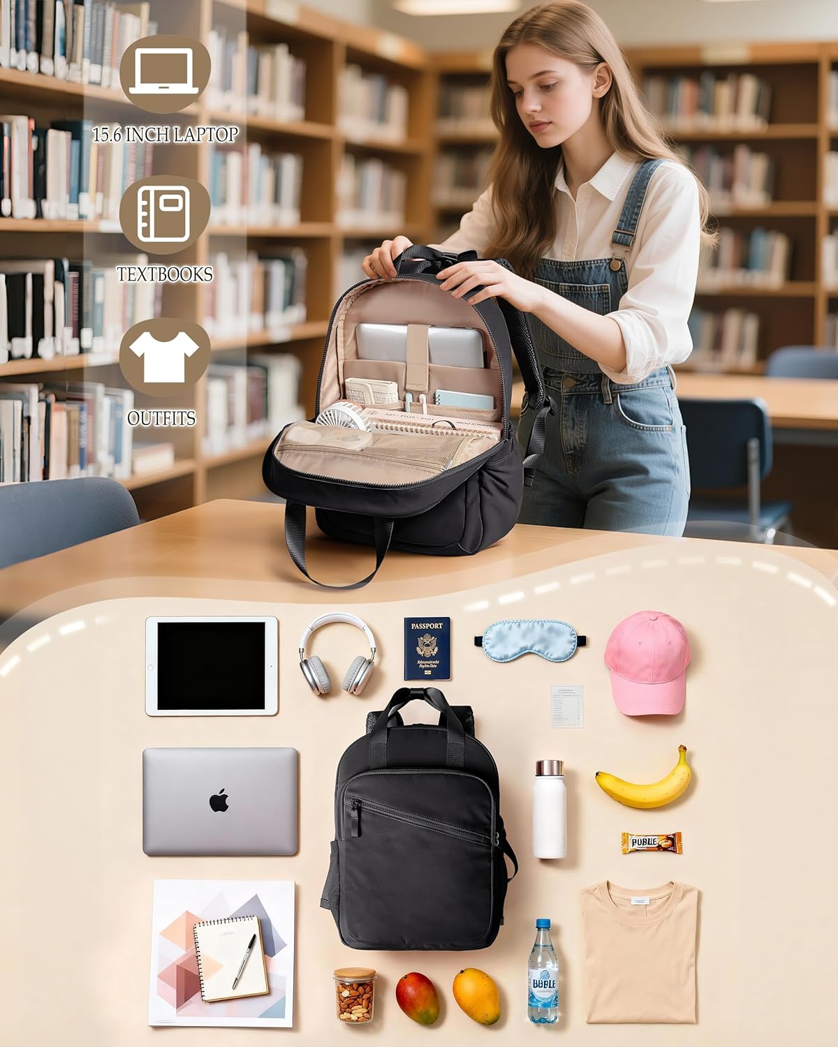 Women Backpack with 15.6” Laptop Sleeve for Travel, Work and College, Lightweight Water-resistant Backpack for Women with 8 Pockets, Black - Image 2