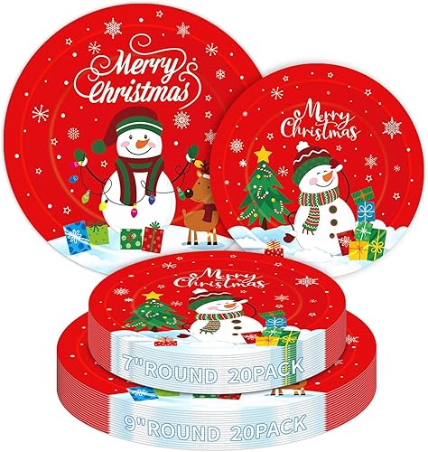 40 Pcs Merry Christmas Paper Plates - Disposable Red Christmas Plates, Cute Snowman Xmas Tree Dinner Dessert Plate Tableware Kit for Winter Xmas Party Decorations Supplies Favors Table Decor, Serve 20