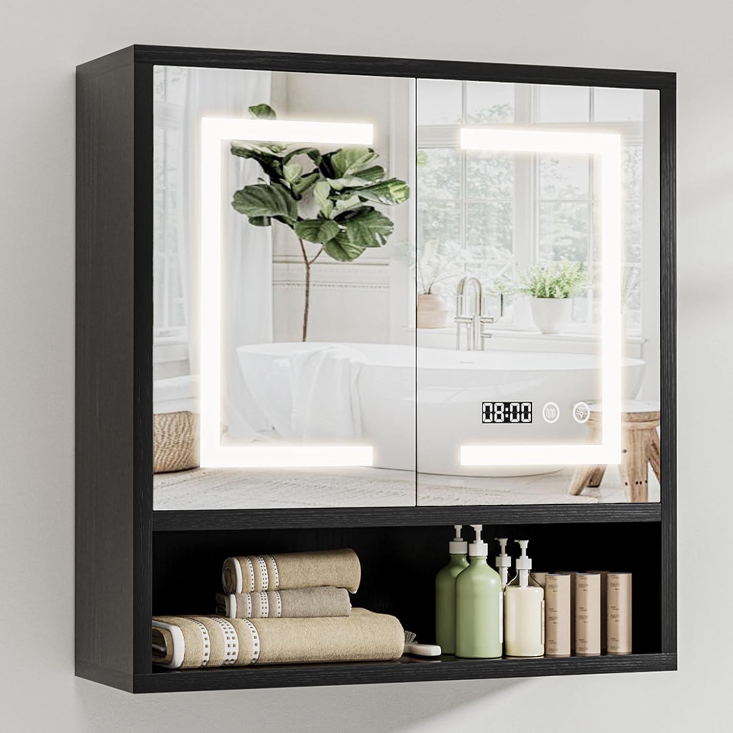 Bathroom Medicine Cabinet with Mirror, Lighted Wall Storage Cabinet, Black