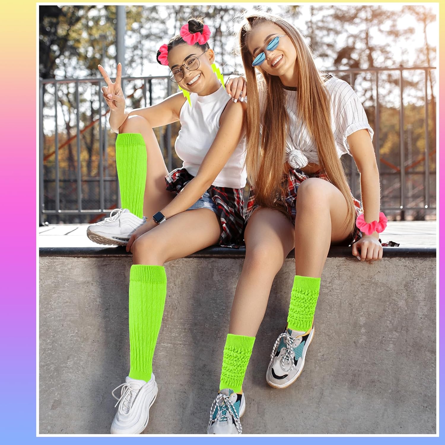 Neon Slouch Socks for Women, 80s 90s Scrunch Knee High Socks | Neon Earrings , Scrunchies Included, 80s 90s Party Theme