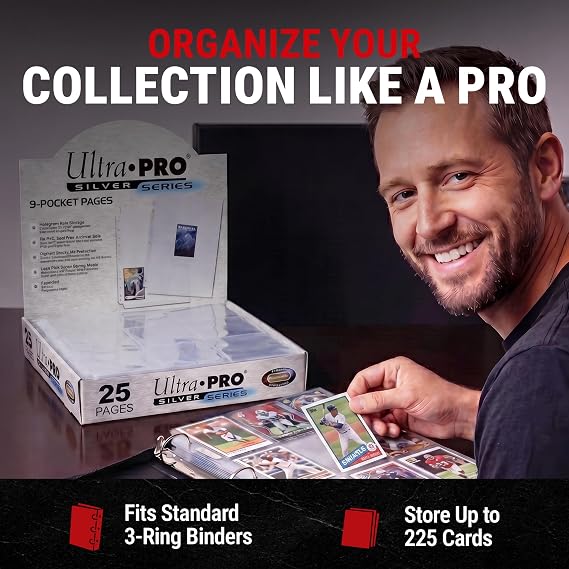 Ultra Pro Card Pages for Binders 9 Pocket Trading Card Binder Pages Silver Series for Trading Cards & Collectibles Archival Safe, UV Protection & 3-Ring Binder Compatible 25 Pages, Made in USA