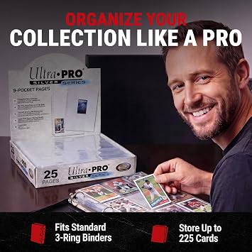 Ultra Pro Card Pages for Binders 9 Pocket Trading Card Binder Pages Silver Series for Trading Cards & Collectibles Archival Safe, UV Protection & 3-Ring Binder Compatible 25 Pages, Made in USA