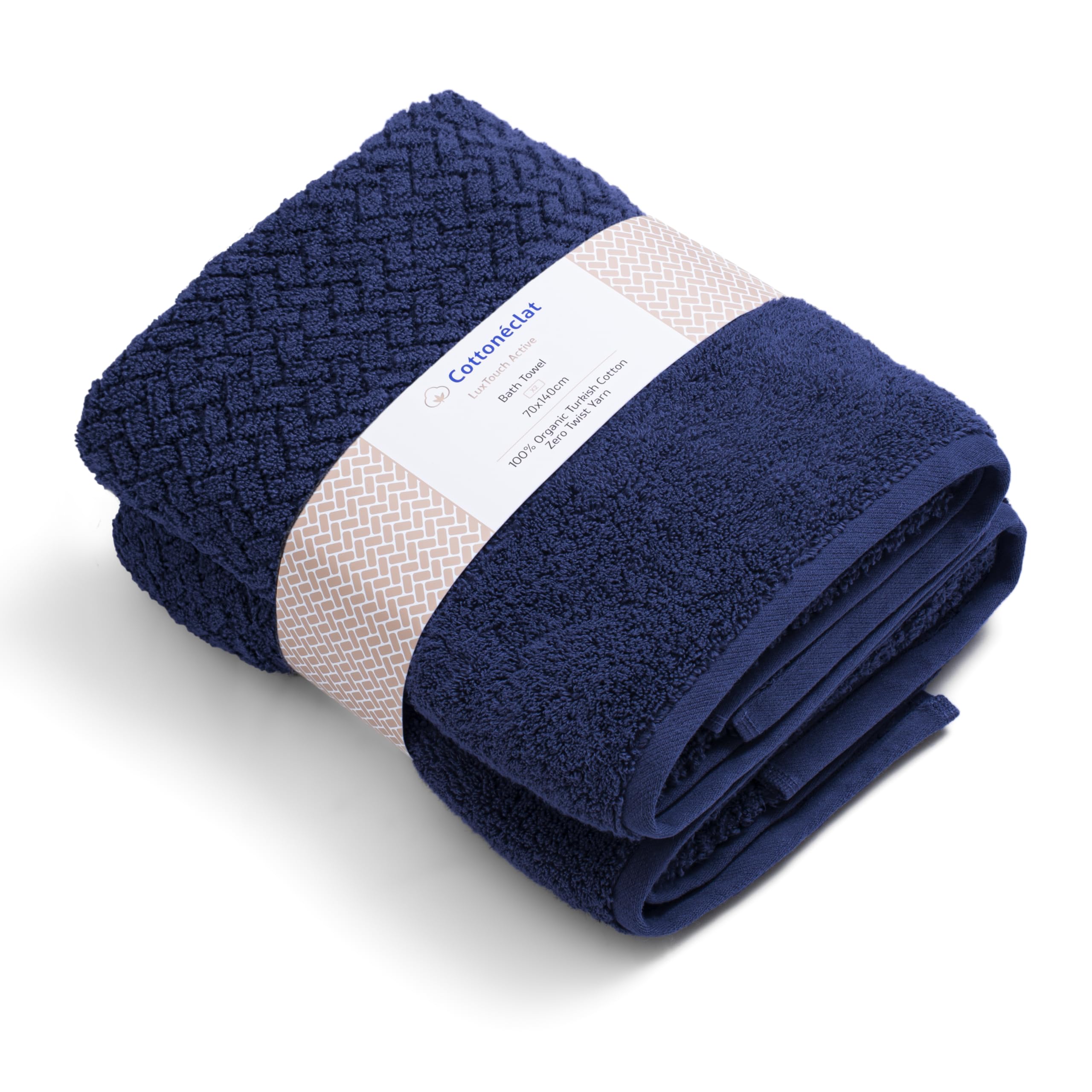 Cottoneclat Luxury Bath Towel Set of 2, 100% Organic Turkish Cotton, Premium Zero Twist Yarn, Superior Softness and Absorbency, LuxTouch Active, 70x140cm, Navy BlueGlobal Recycled StandardGlobal Recycled StandardOEKO-TEX STANDARD 100Global Recycled Standard
