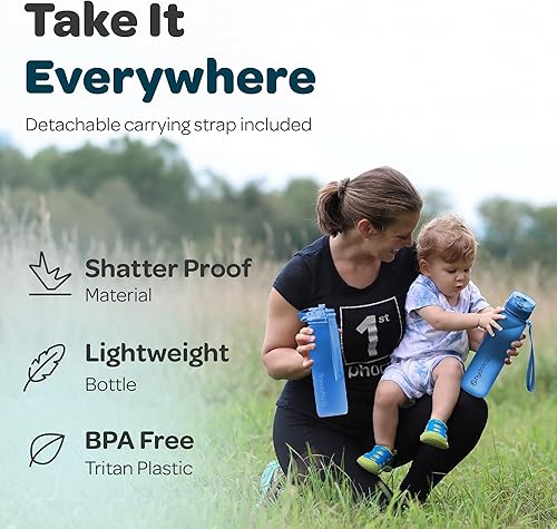 Miniatura 3 de Hydracy Botella de agua con horas para beber marcadas, grande, sin bisfenol A, a prueba de fugas, funda anticondensación, para gimnasio, con colador