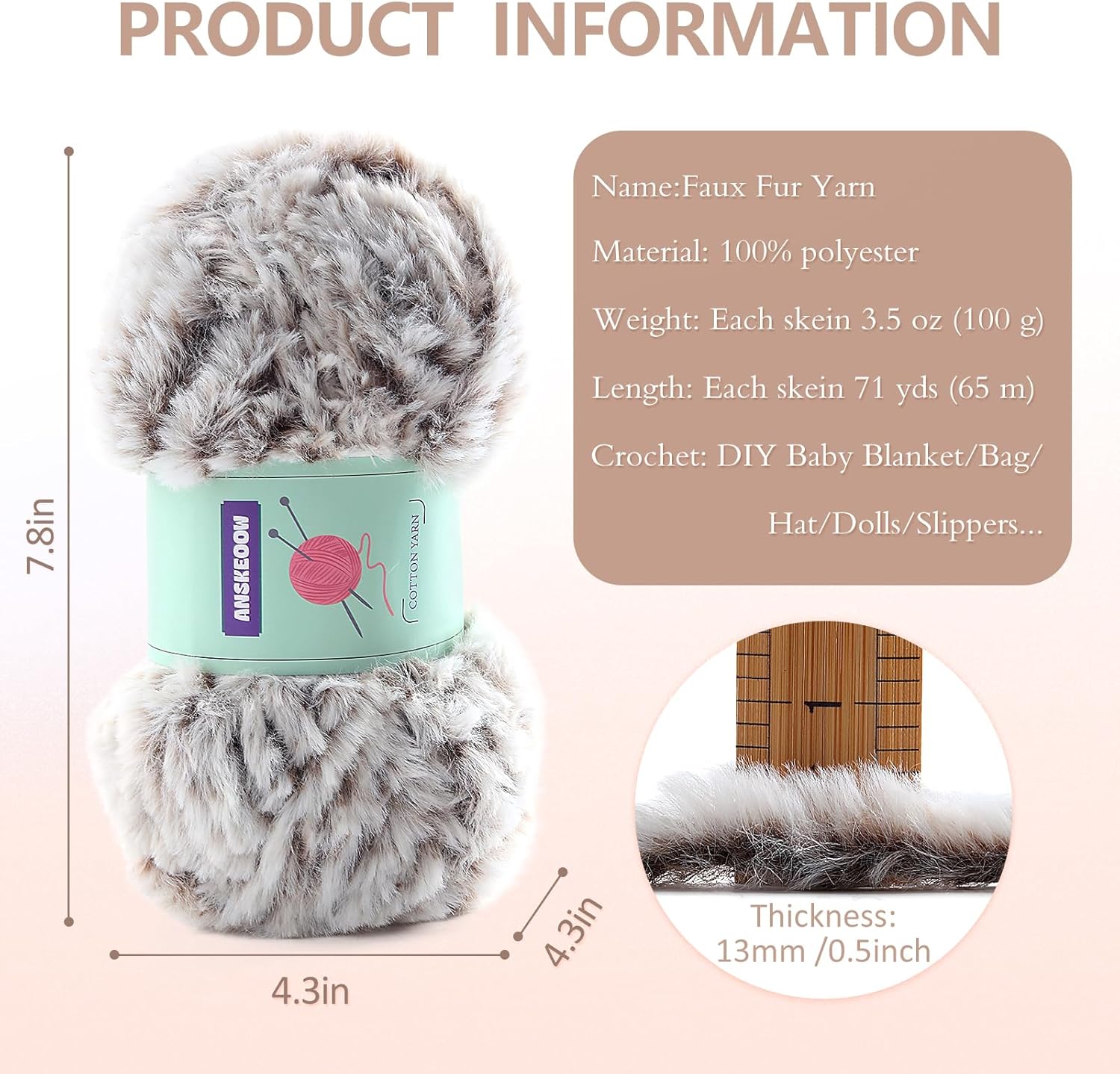 6 Skeins Faux Fur Yarn Soft Fluffy for Crocheting - Chunky Fuzzy Yarn for Crochet Amigurumi, Hat, Shawls, Total Length (71x6) Yards (Khaki)