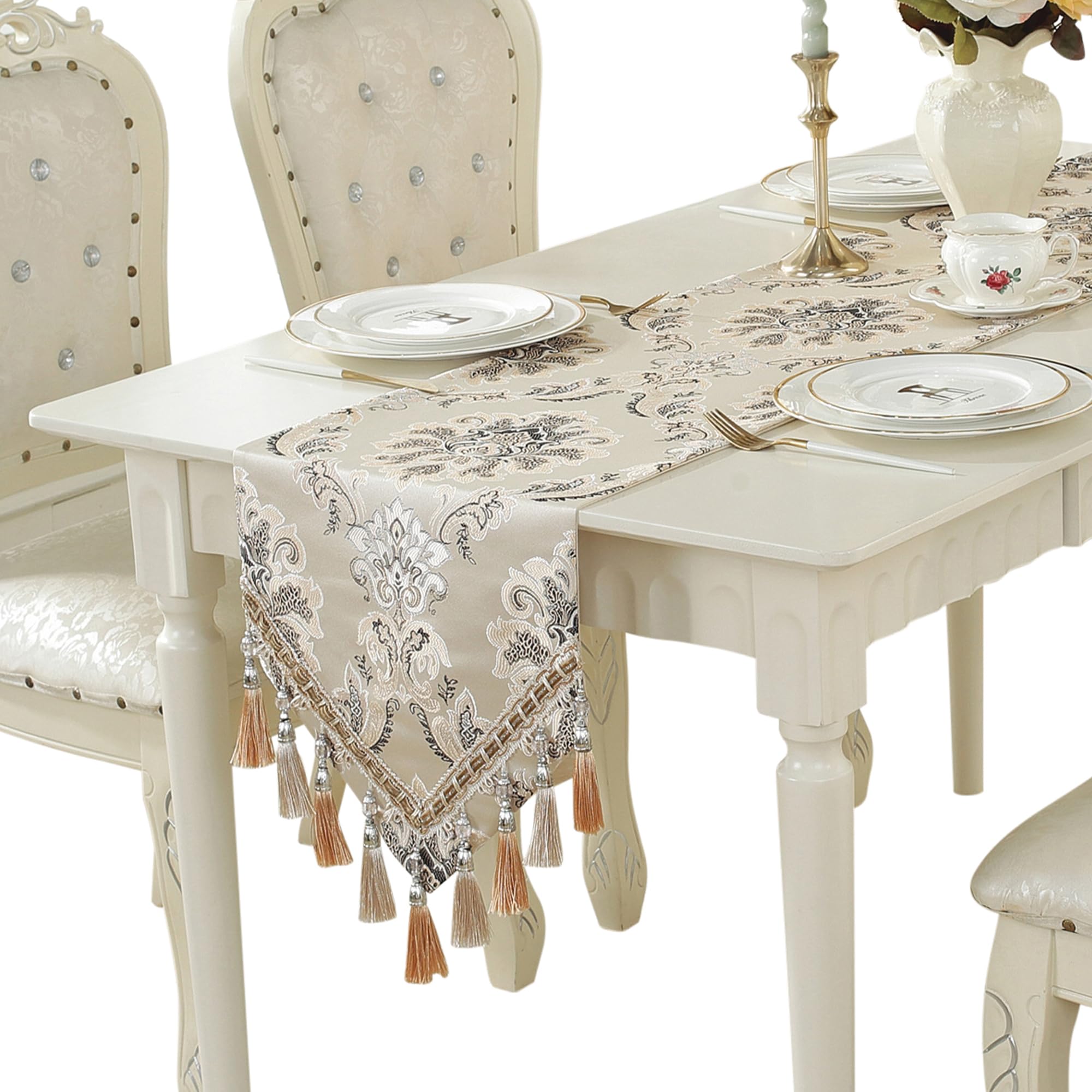 Vintage Elegant Embroidery Table Runner 48 Inch Long, White Floral Dresser Scarf Decoration for Kitchen Dining Coffee Table Cabinet-13 x 48 inch