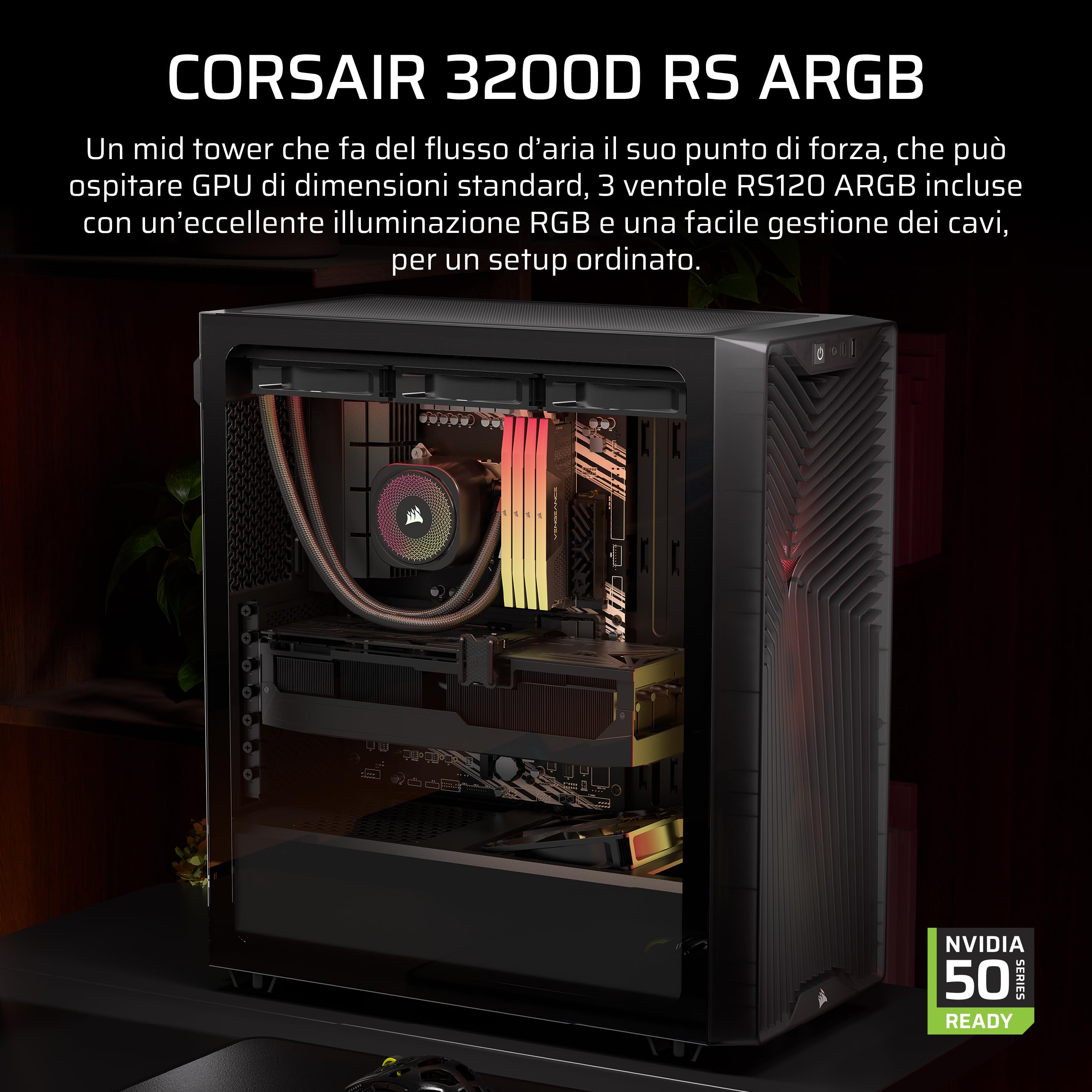 CORSAIR 3200D RS ARGB Case PC Mid Tower – Fumo | 3 Ventole RS120 ARGB, Flusso D'aria Elevato, Compatibile Radiatore 360mm, Compatibile Con Schede Madri Connessione Inversa