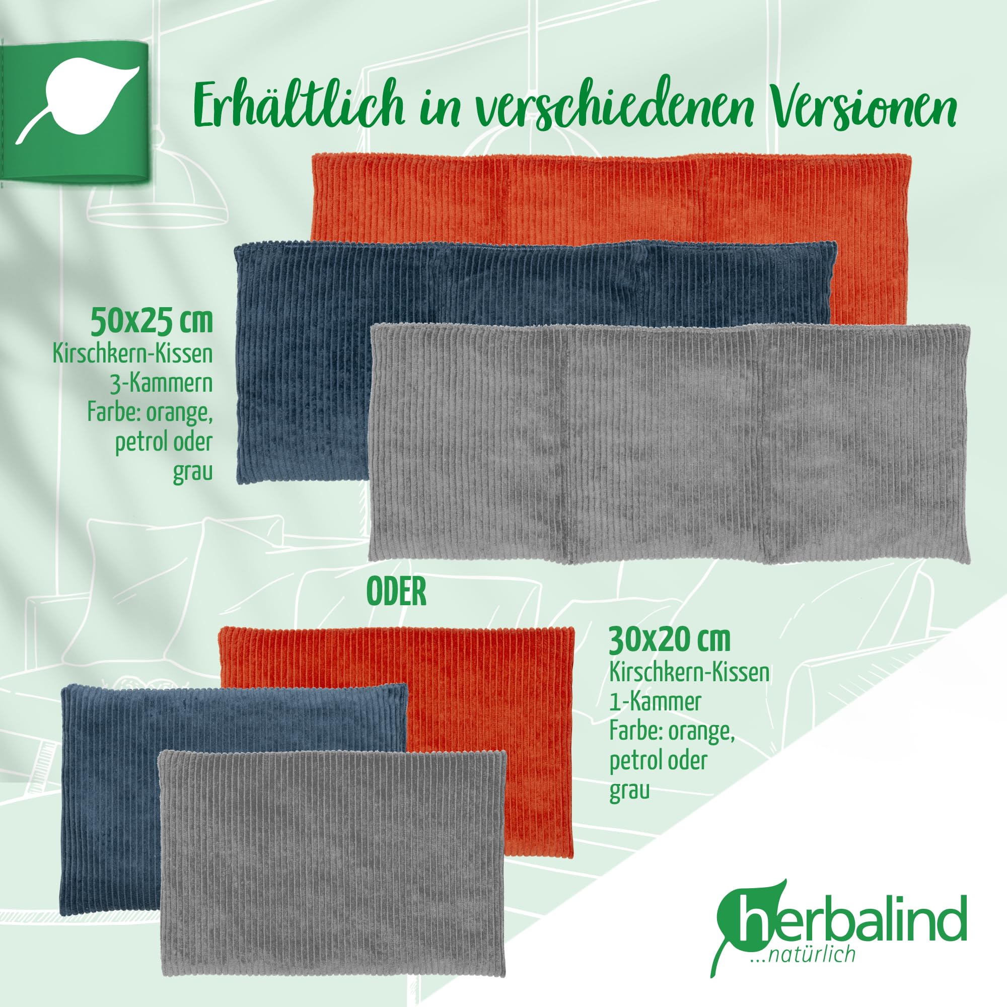 HERBALIND Robustes Kirschkernkissen Cord Premium30x20cm 600g (M) - Handmade in Germany - Wärmekissen für Mikrowelle - 100% Baumwolle für Erwachsene Kinder (Cordstoff, grau)
