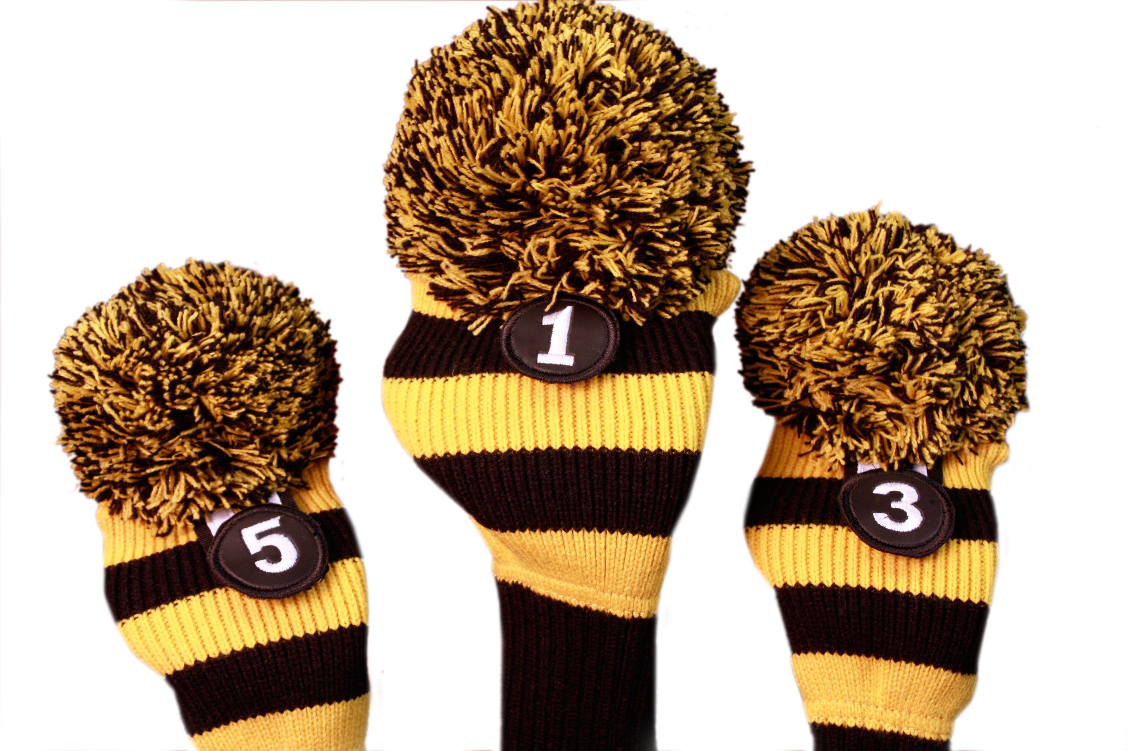 Majek Golf Club Head Covers Black and Yellow Limited Edition Throwback Long Neck Knit Retro Pom Pom Traditional Classic Vintage Old School Ultimate 460cc Driver Fairway Wood Golf Head Cover Stripe Set