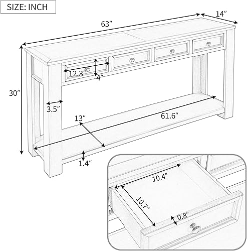 Miniatura 3 de Mesa consola de madera maciza de 63 pulgadas con cajones de almacenamiento y estante inferior, mesa de entrada de granja para pasillo, vestíbulo,