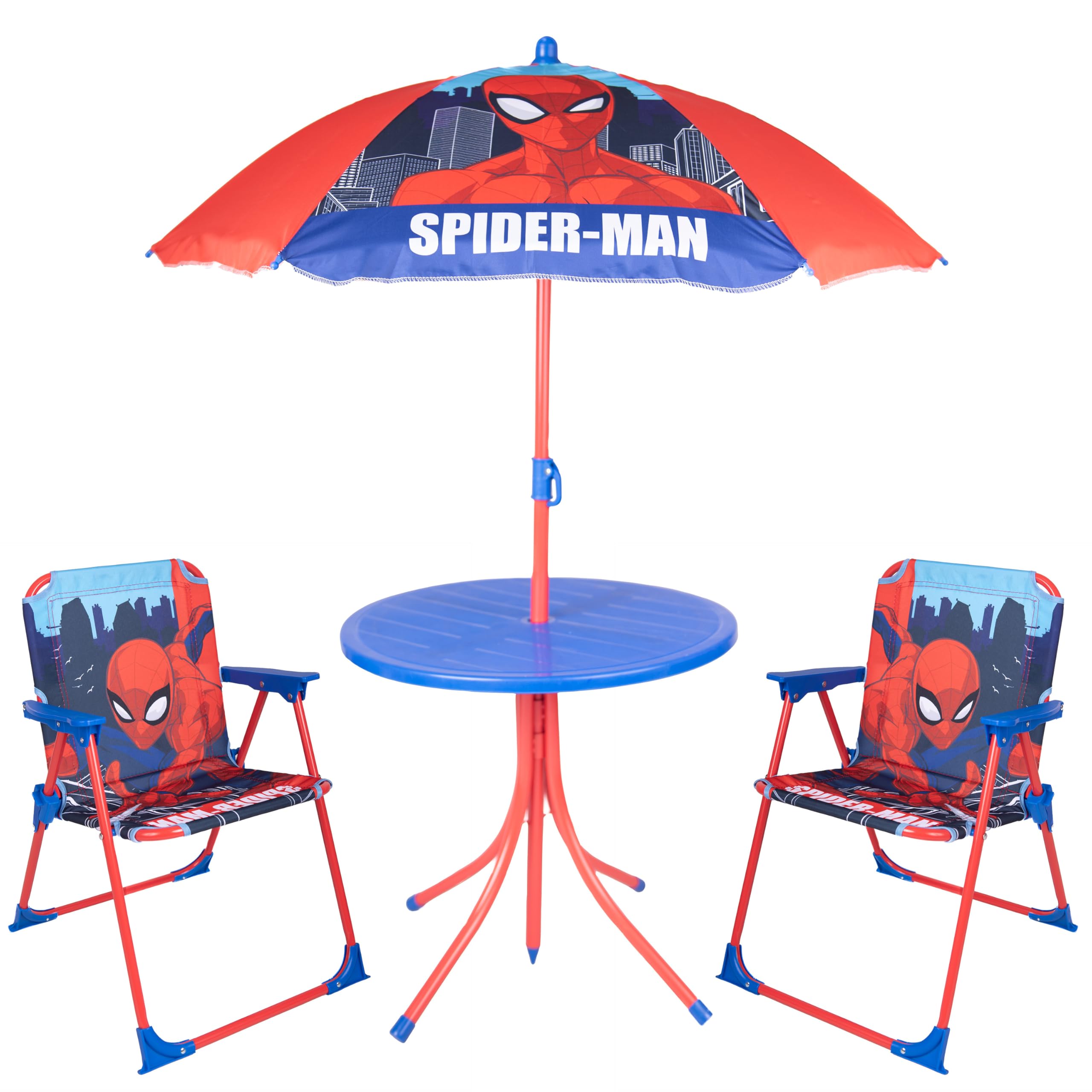 Spiderman Kid's Patio Set, Childrens Garden Furniture 4-Piece Red Patio Set Includes Table, 2x Chairs, Adjustable Parasol, Spider-Man Kids Outdoor Furniture