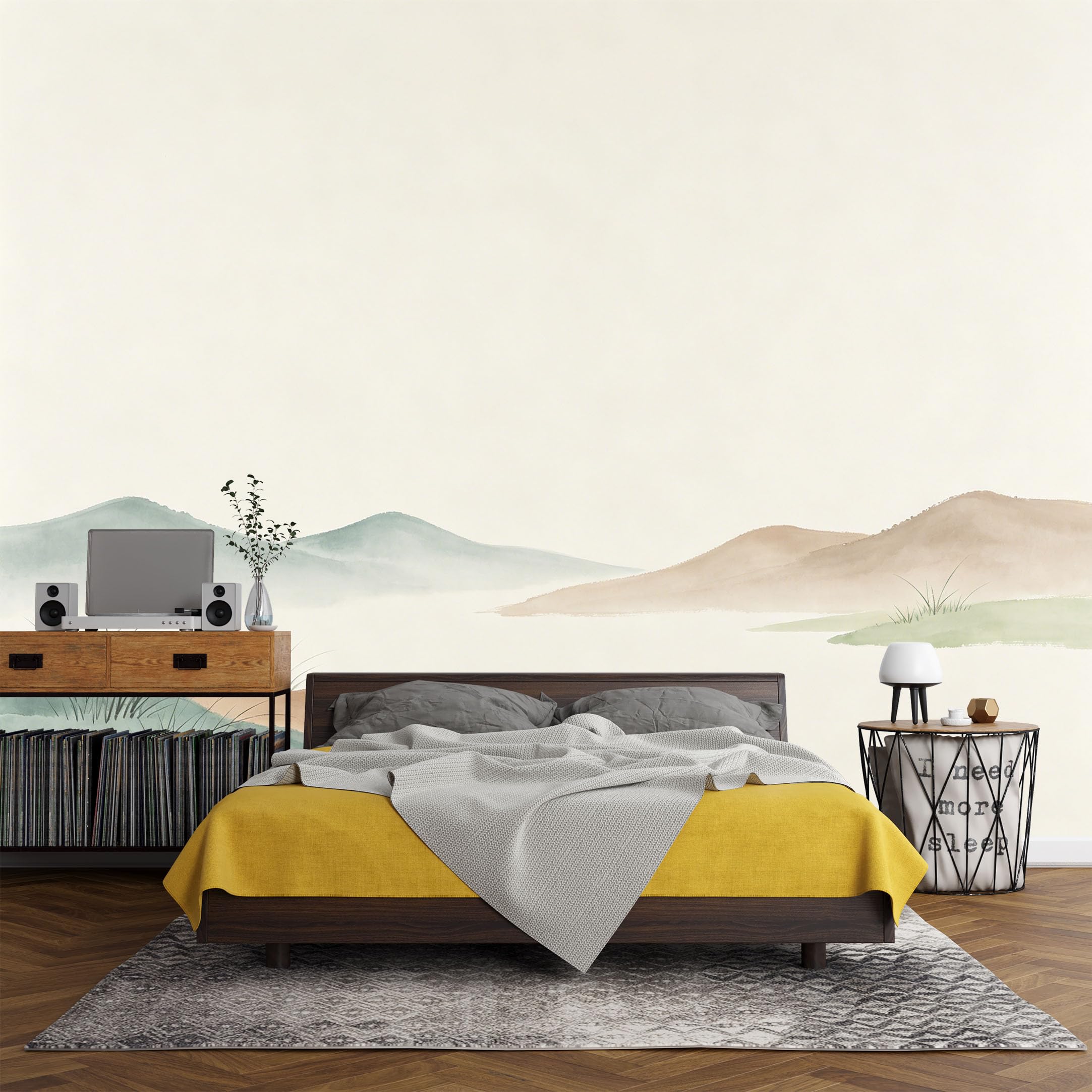 Custom Size Wall Mural， Minimalist Watercolor Mountain Lake Mist Landscape，SelfAdhesive Art Prints wall Fabric (No PVC) Removable Wallpaper Living Room Decor