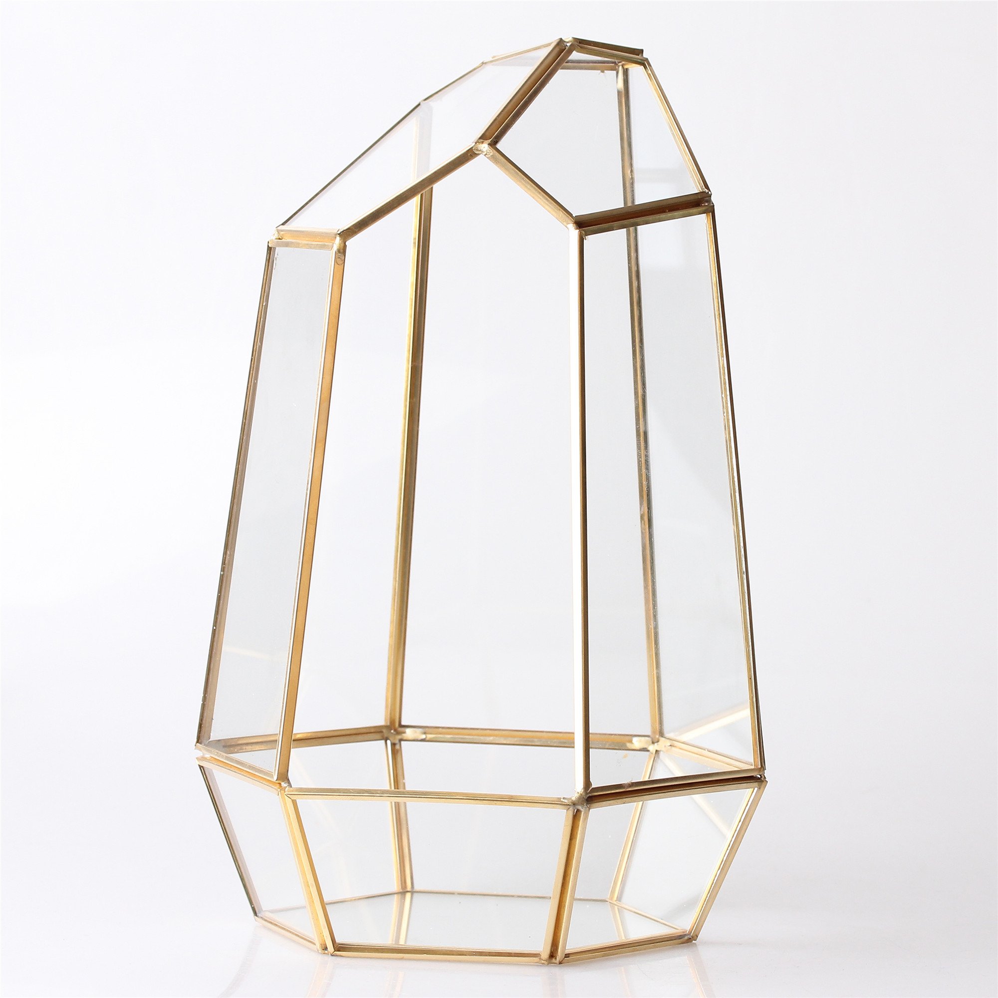 NCYP Gold Geometric Glass Terrarium - Handmade Irregular Brass Planter Pot for Succulent Air Plants - Home Miniature Fairy Garden Decor, Centerpiece - 6.5x5.7x9.8 Inches (No Plants, NO Door)