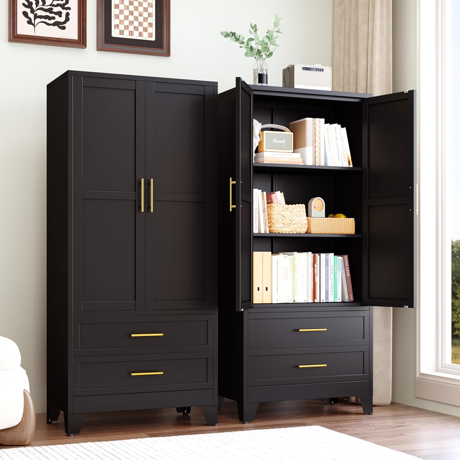 Two black metal storage cabinets in an office or study setting, one closed and one open displaying books and office supplies on shelves and in drawers.