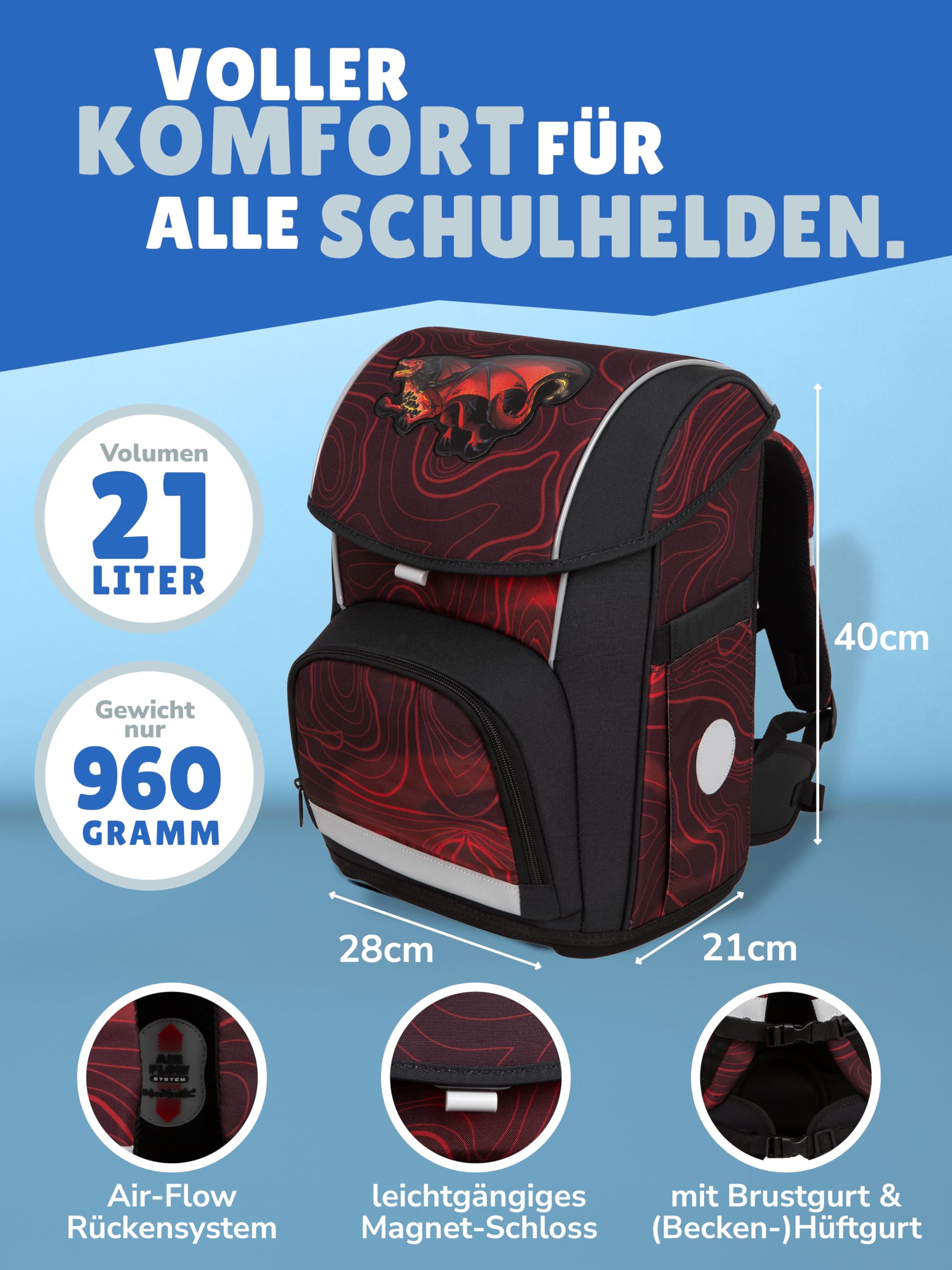 Familando - McNeill Basic Schulranzen Set - 10-teilig mit Schultüte - Drachen - Ergonomisch & Verstellbarer Brustgurt - 960g leicht mit 21L Volumen & Reflektoren - Für Grundschule ab 1. Klasse