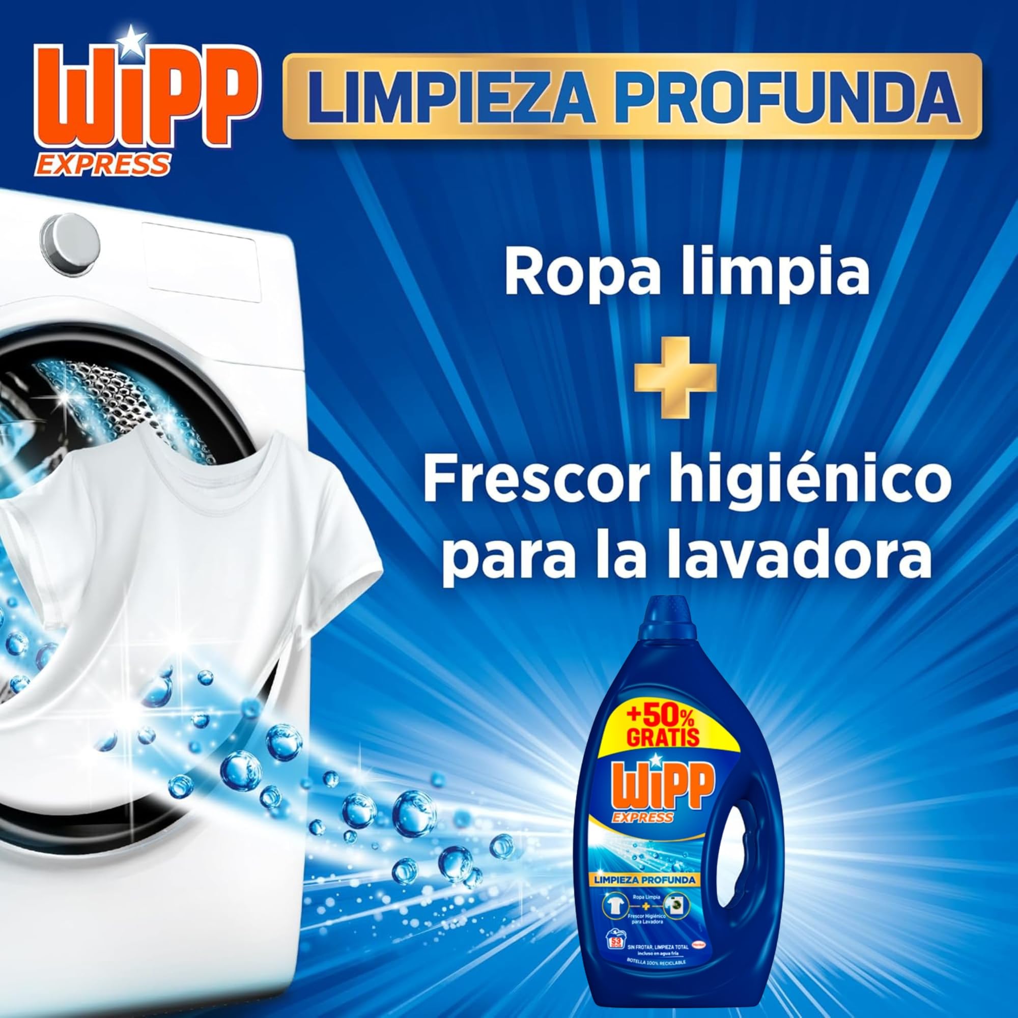 Wipp Express Limpieza Profunda Plus Frescor Activo, Detergente Liquido para Lavadora, 53 lavados - Pack de 3 - Total 159 lavados - Total 7,15 Litros