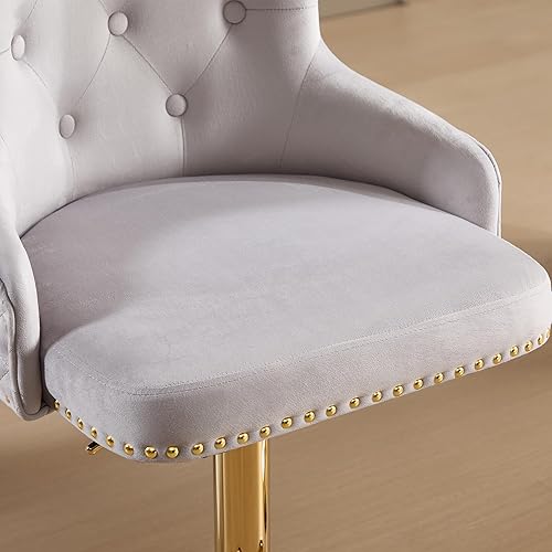 Miniatura 3 de Juego de 2 taburetes de bar de terciopelo dorado, modernos taburetes giratorios ajustables en altura de mostrador con respaldo alto copetudo, base