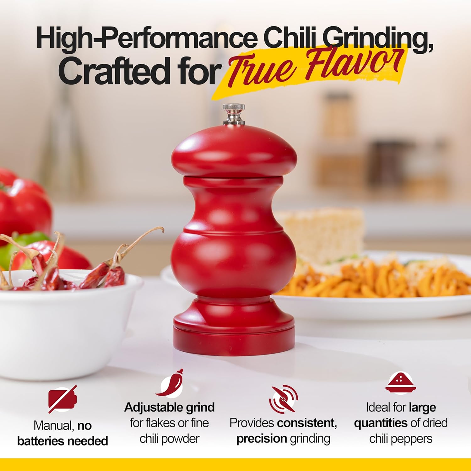 PEPEROR Chili Pepper Grinder Mill – Red Lacquered Beech Wood, Hardened Steel Burrs, Refillable 6-Inch Italian Pepper Mill, Made in Italy by Tre Spade