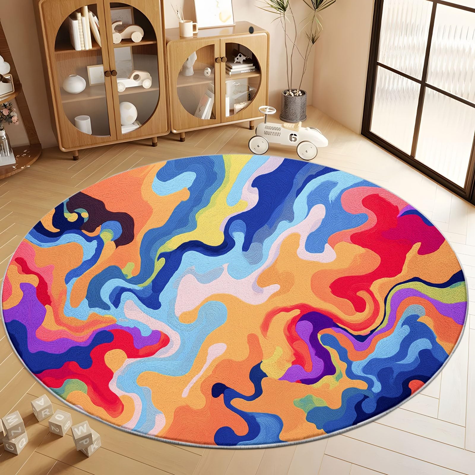 Mehrfarbig Teppich Rund Kurzflor 180 cm, Waschbare rutschfest Weich Abstrakt Bunter Spiralwirbel Linien Runder Teppiche Kinderteppich Wohnzimmer Bettvorleger Schlafzimmer