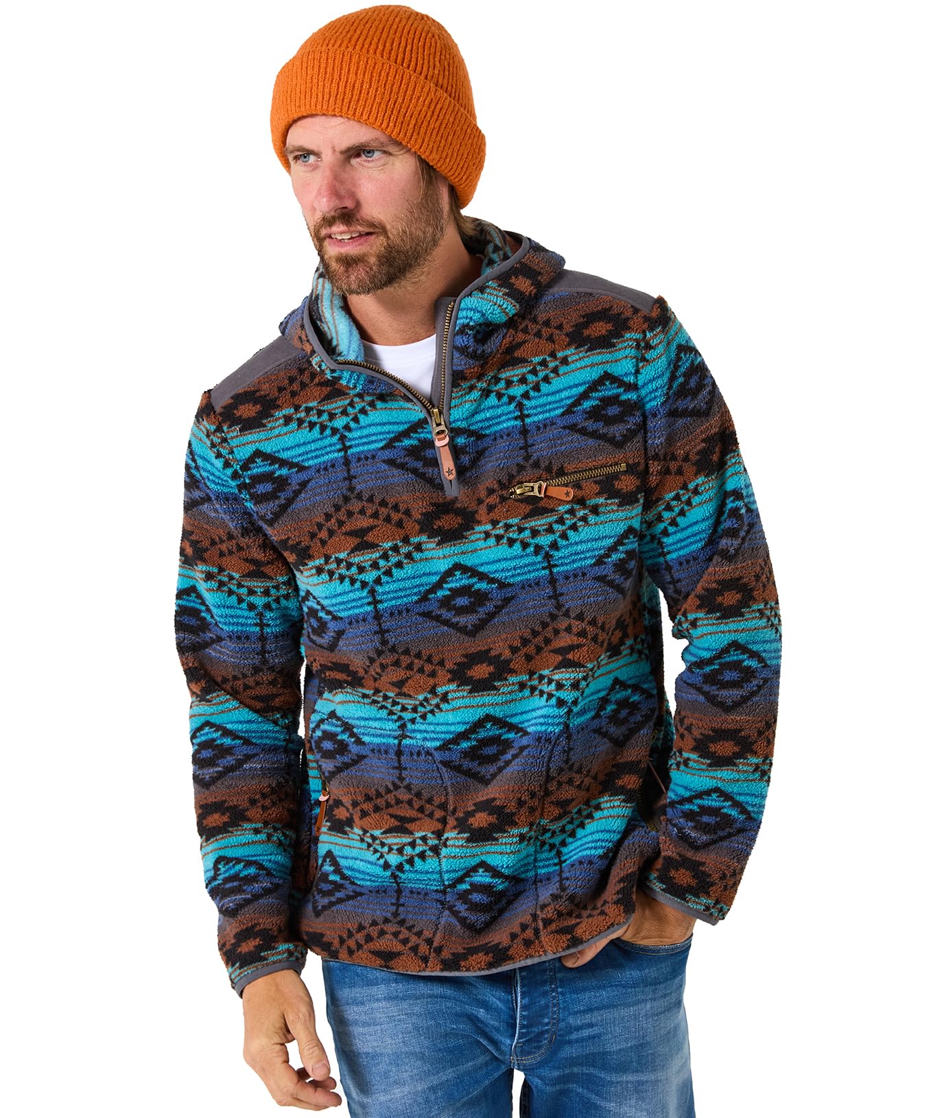 Joe Browns Male Full Zip Aztec Print Fleece Hoodie, Regular, Blue, UK XL