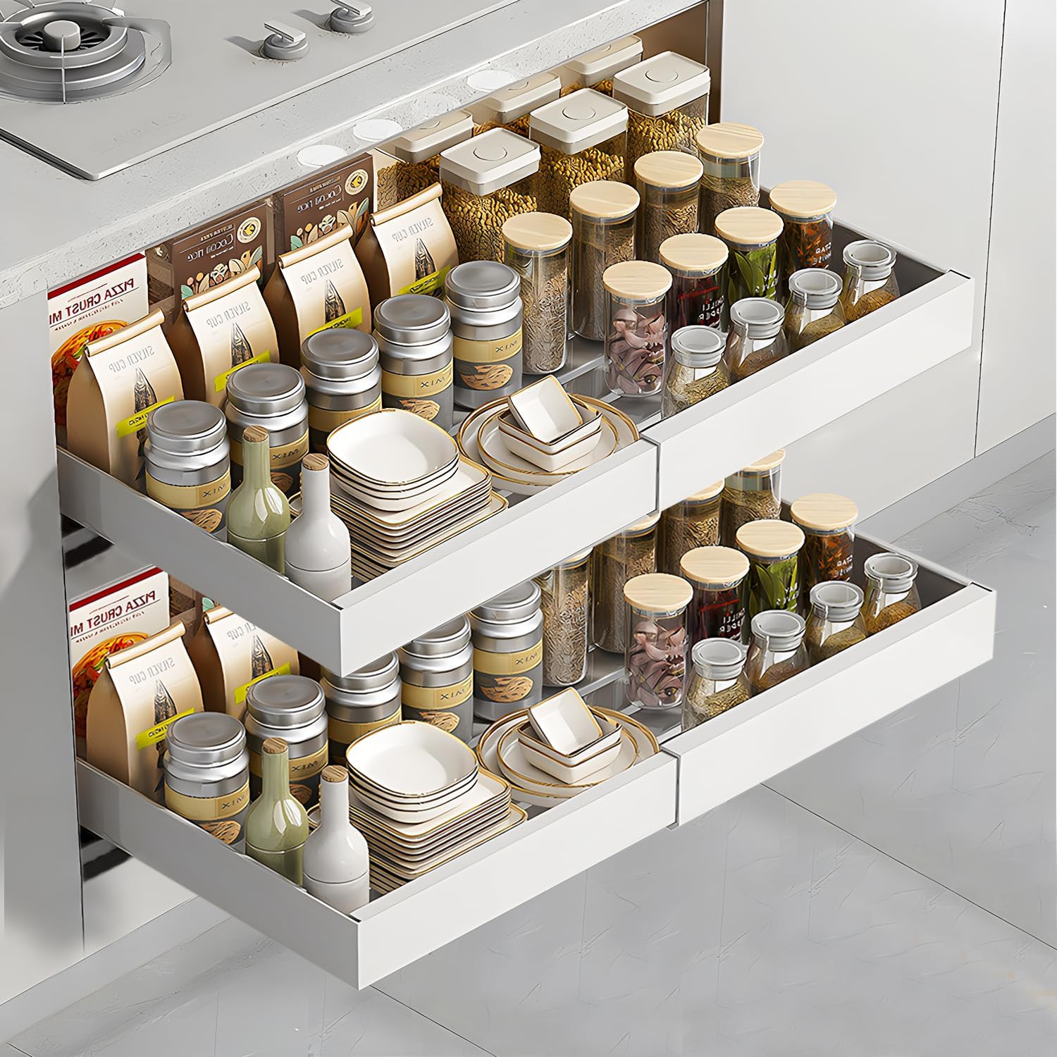 – Pull Out Cabinet Organizer,Extendable Slide Out Drawer Storage Shelves for Kitchen Cupboard with Adhesive Film,Roll Out Shelf Storage for Kitchen Base Cabinet Organization,Pantry,Bathroom