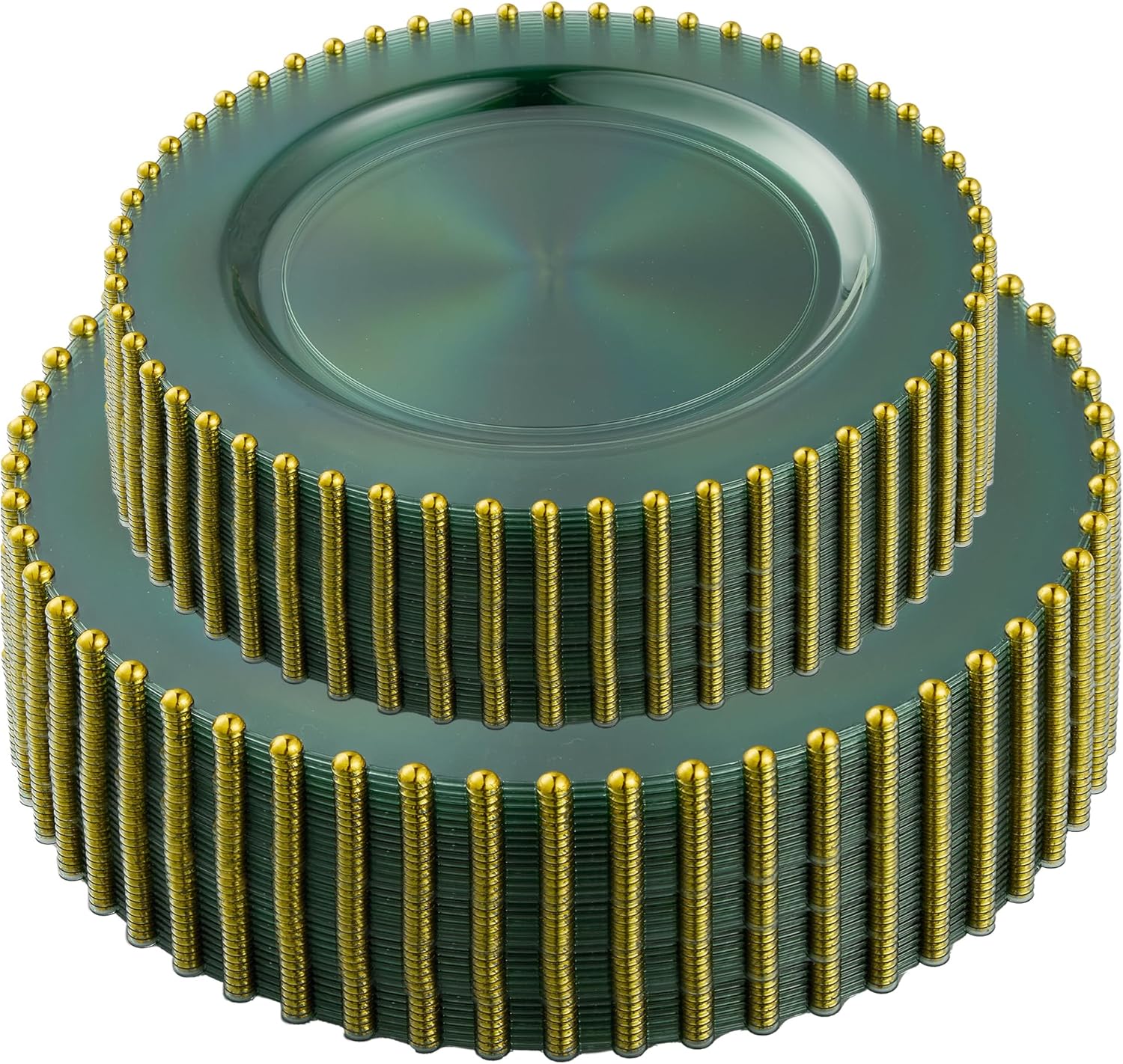 PLASTICPRO 96 Piece Combo Plastic Dinner Plates Disposable Plastic Fancy Heavy Duty Party Dishes 7 inch and 10 inch, Translucent Green and Gold Beaded 96 Translucen Green & Gold Beaded Collection