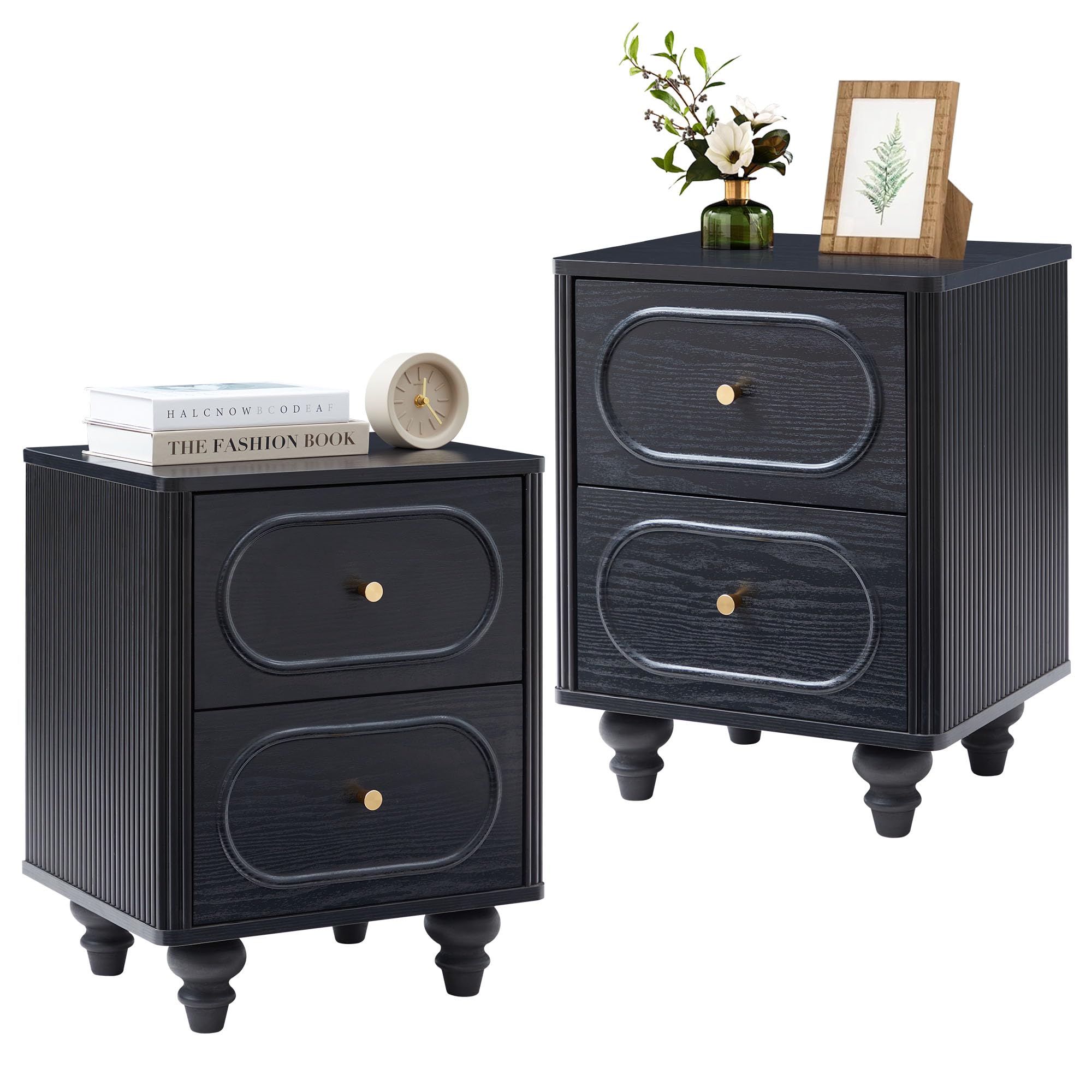 2 Drawer Fluted Mini Small Dresser for Bedroom Set of 2, Mid Century Modern Nightstand Bedside End Table, Wood Storage Dresser Organizer for Bedroom